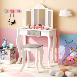 Gymax - Kids Vanity Set Makeup Table & Chair Tri-folding Mirror Sweet Accessories - White