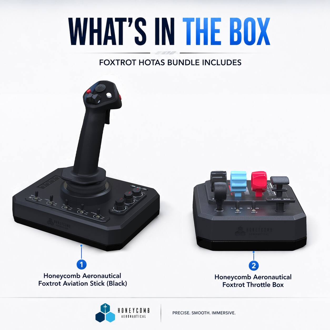 WHAT'S IN THE BOX

FOXTROT HOTAS BUNDLE INCLUDES

1. Honeycomb Aeronautical Foxtrot Aviation Stick (Black)
2. Honeycomb Aeronautical Foxtrot Throttle Box

HONEYCOMB AERONAUTICAL

PRECISE. SMOOTH. IMMERSIVE.