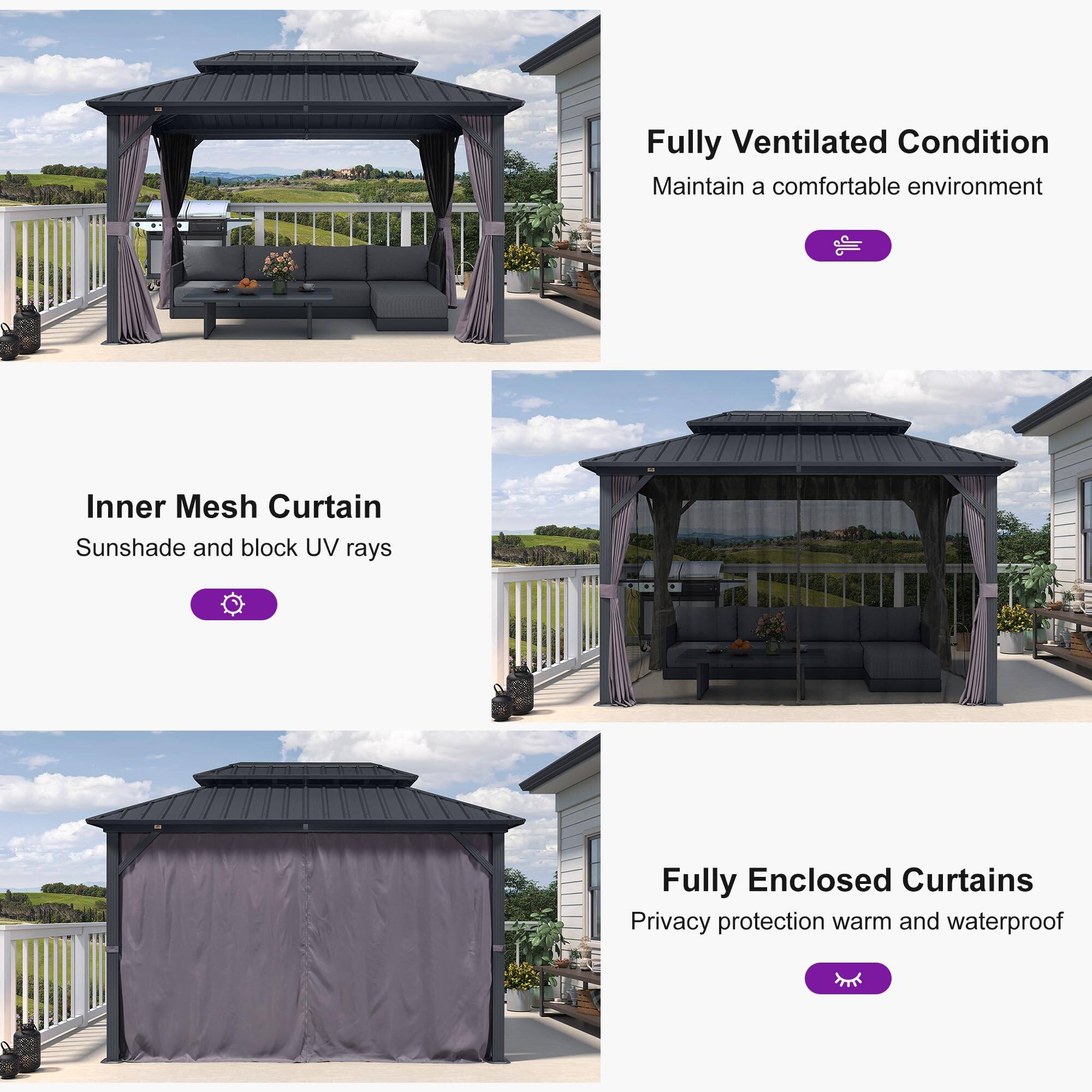 - Fully Ventilated Condition
  - Maintain a comfortable environment

- Inner Mesh Curtain
  - Sunshade and block UV rays

- Fully Enclosed Curtains
  - Privacy protection, warm and waterproof