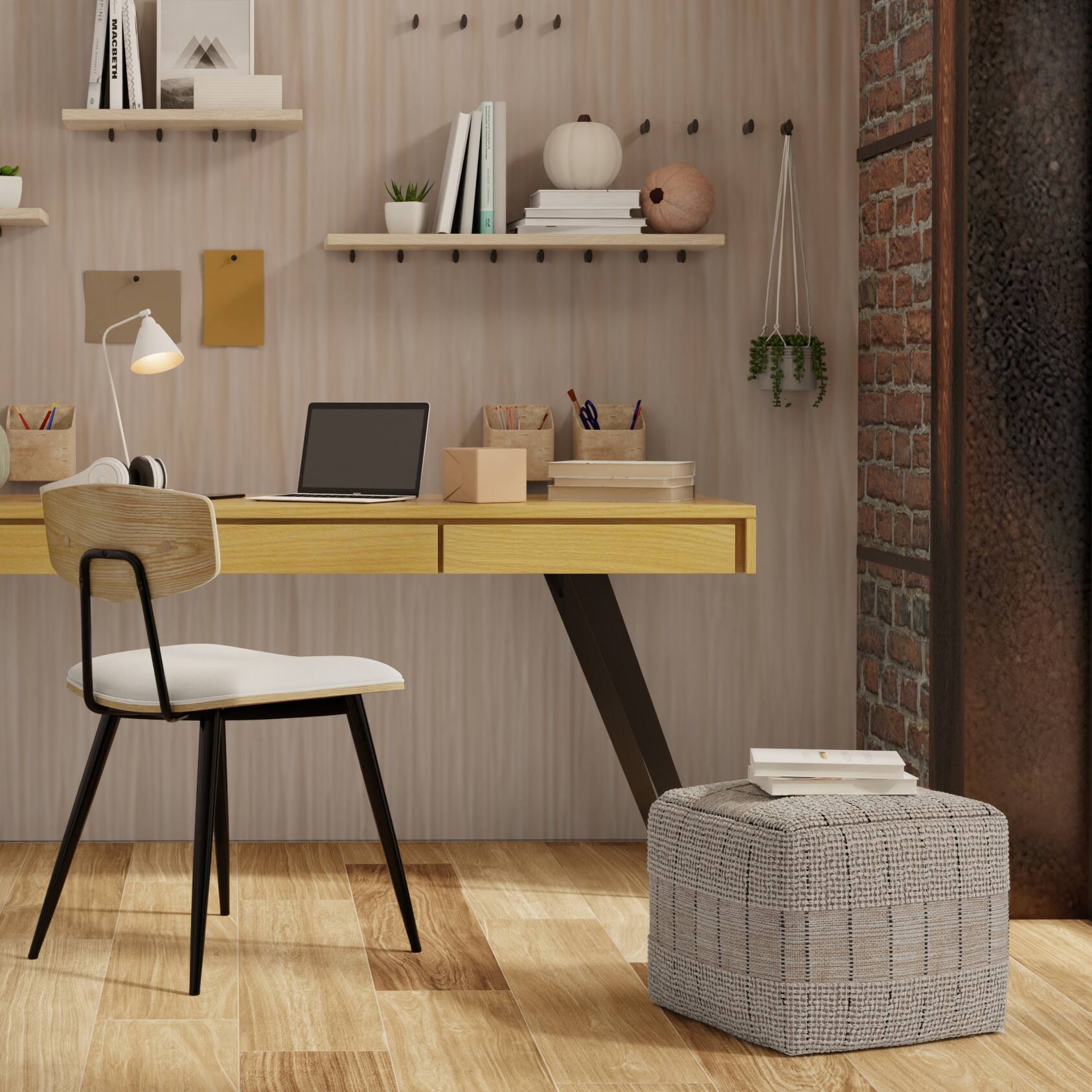 Angle. Simpli Home - Elmer Contemporary Square Woven Pouf in Natural/Grey Jute, Cotton - Natural/Grey.