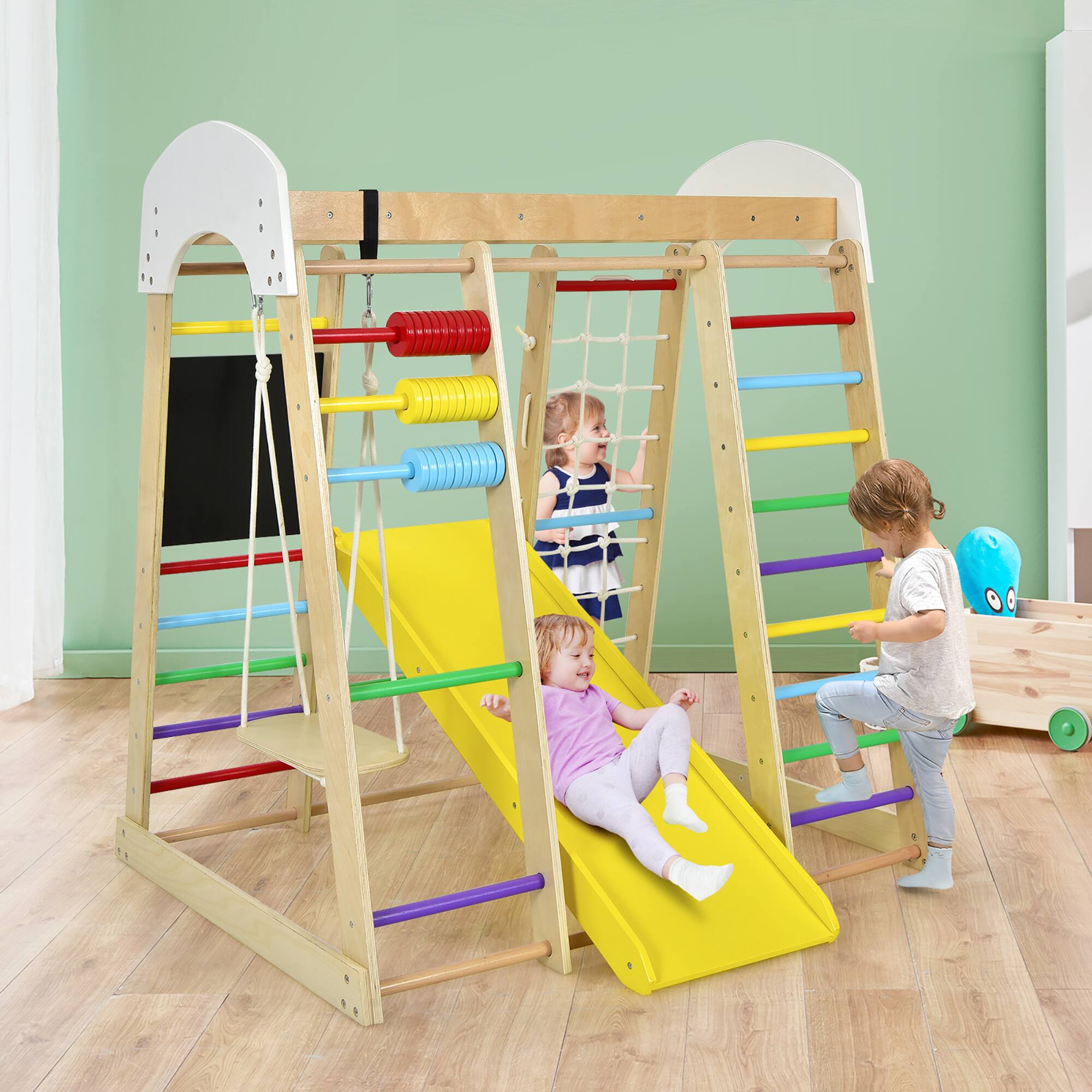 Alt View 3. Costway - Costway Indoor Playground Climbing Gym Kids Wooden 8 in 1 Climber Playset  for Children - Multicolor.