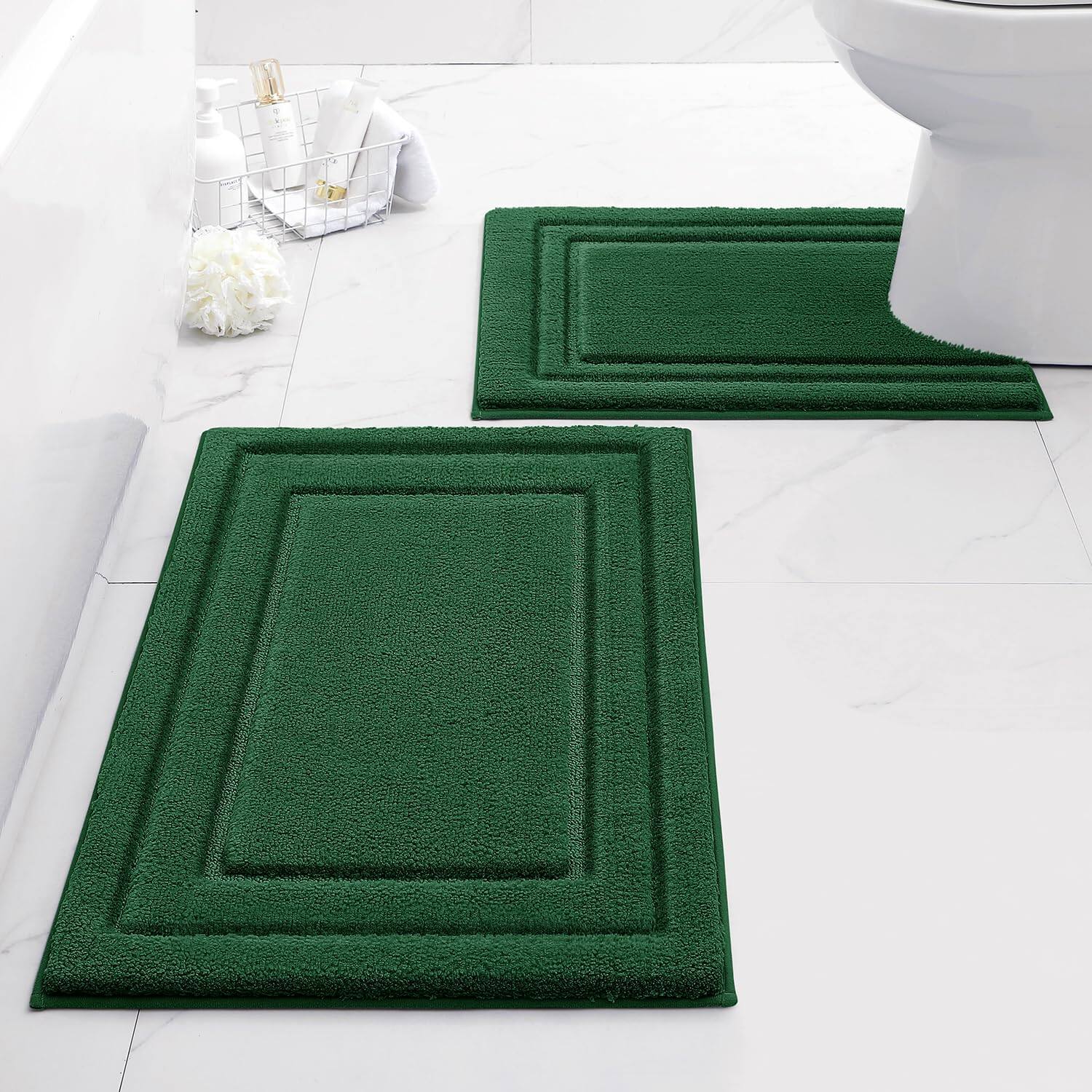 Paradigms Interiors - Bathroom Rugs Sets 2 Piece Super Soft And Absorbent Non Slip Microfiber Machine Washable Bath Mat Set 20 X 32 16 24 Nav - Loop- Dark Green-1'8" x 2'8" (20"x32"+U Shape 20"