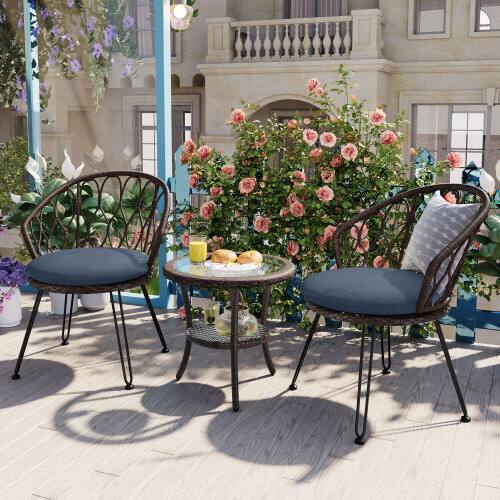 Left. Mondawe - 3-Piece Outdoor Leisure Set, 2 Rattan Single Chairs with A Glass Round Table - Brown+Blue.