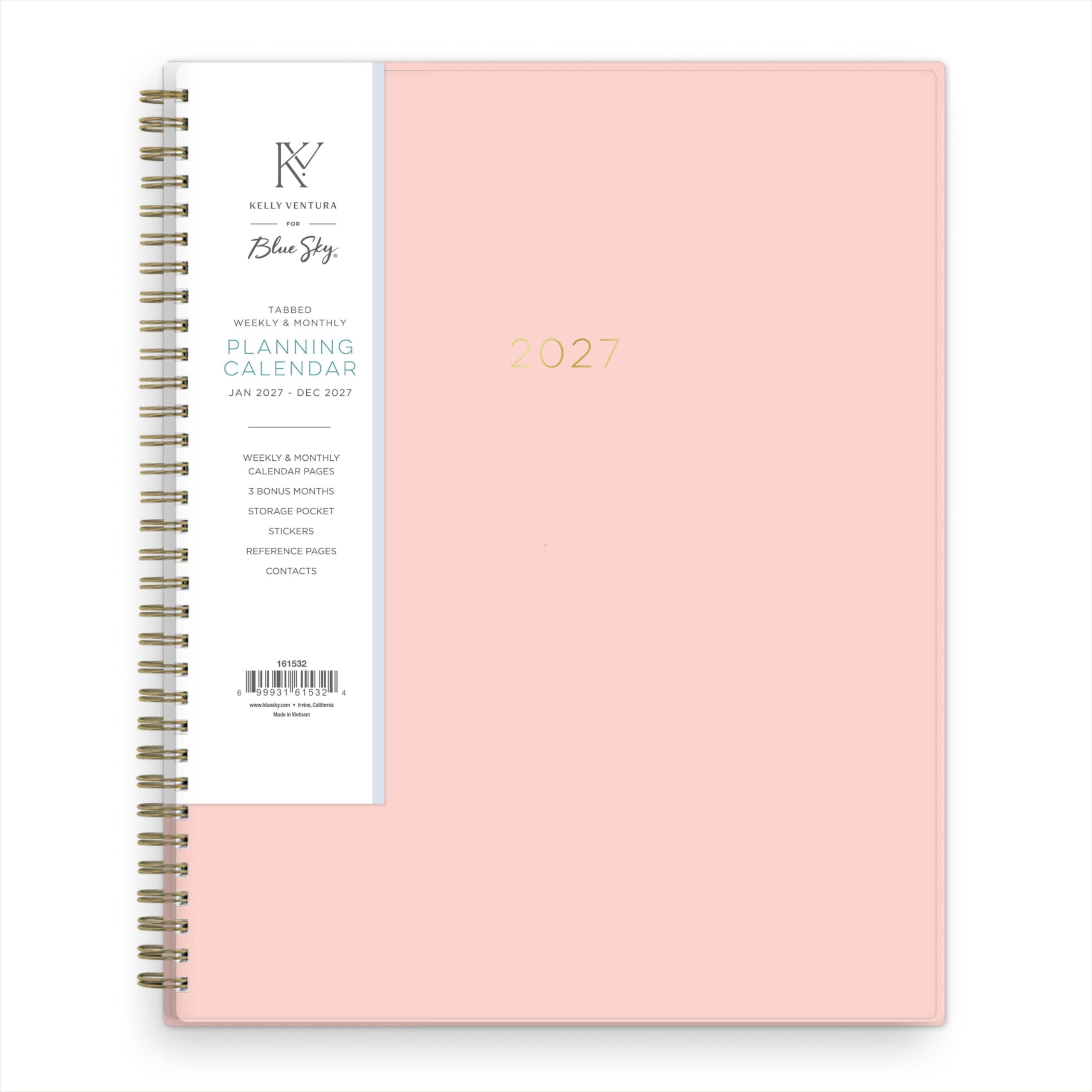 KELLY VENTURA  
FOR Blue Sky.  

TABBED WEEKLY & MONTHLY PLANNING CALENDAR  
JAN 2027 - DEC 2027  

WEEKLY & MONTHLY CALENDAR PAGES  
3 BONUS MONTHS  
STORAGE POCKET  
STICKERS  
REFERENCE PAGES  
CONTACTS  

161532  
6  
9931 51532  
4  

www.blueoky.com