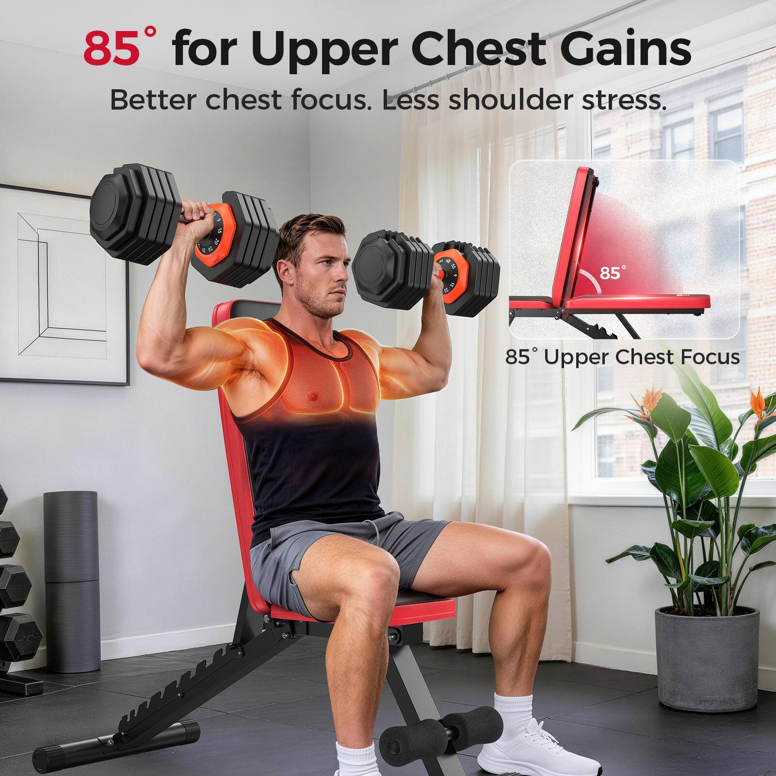 85° for Upper Chest Gains  
Better chest focus. Less shoulder stress.  
85° Upper Chest Focus