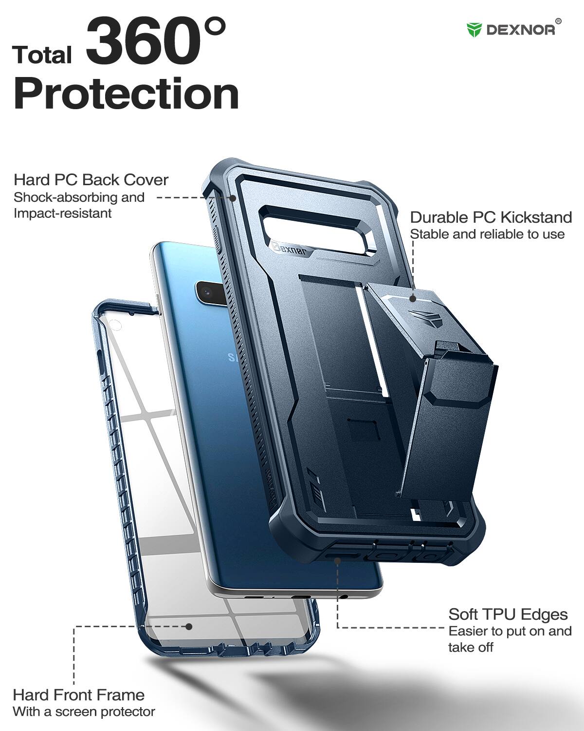 Total 360° Protection

- Hard PC Back Cover
  - Shock-absorbing and Impact-resistant

- Durable PC Kickstand
  - Stable and reliable to use

- Soft TPU Edges
  - Easier to put on and take off

- Hard Front Frame
  - With a screen protector