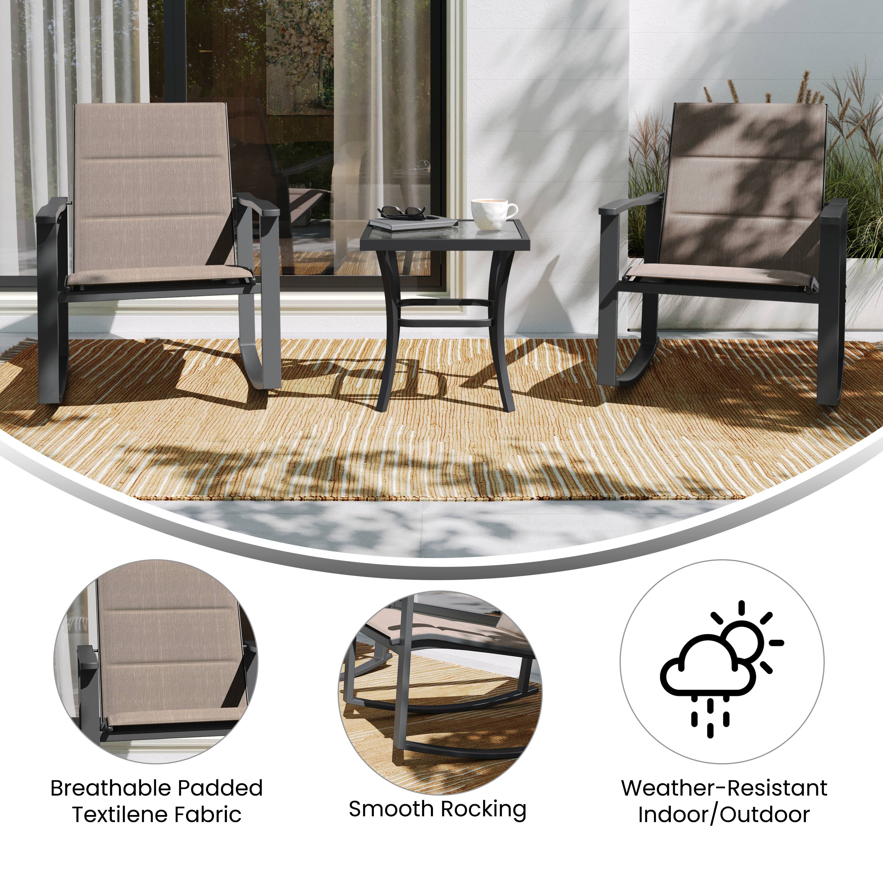 - Breathable Padded Textilene Fabric
- Smooth Rocking
- Weather-Resistant Indoor/Outdoor