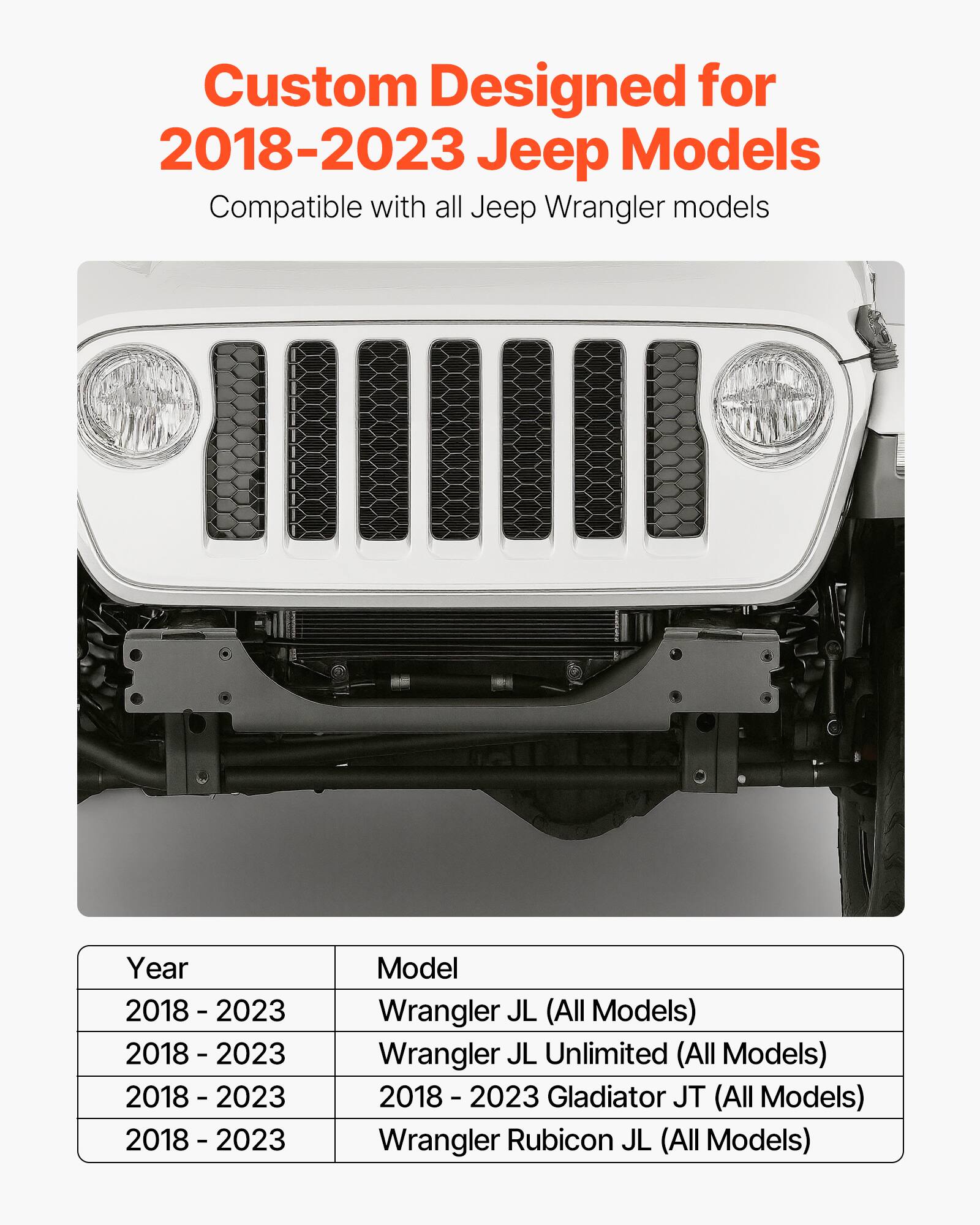 Custom Designed for 2018-2023 Jeep Models  
Compatible with all Jeep Wrangler models  

Year | Model  
2018 - 2023 | Wrangler JL (All Models)  
2018 - 2023 | Wrangler JL Unlimited (All Models)  
2018 - 2023 | 2018 - 2023 Gladiator JT (All Models)  
2018 - 2023 | Wrangler Rubicon JL (All Models)
