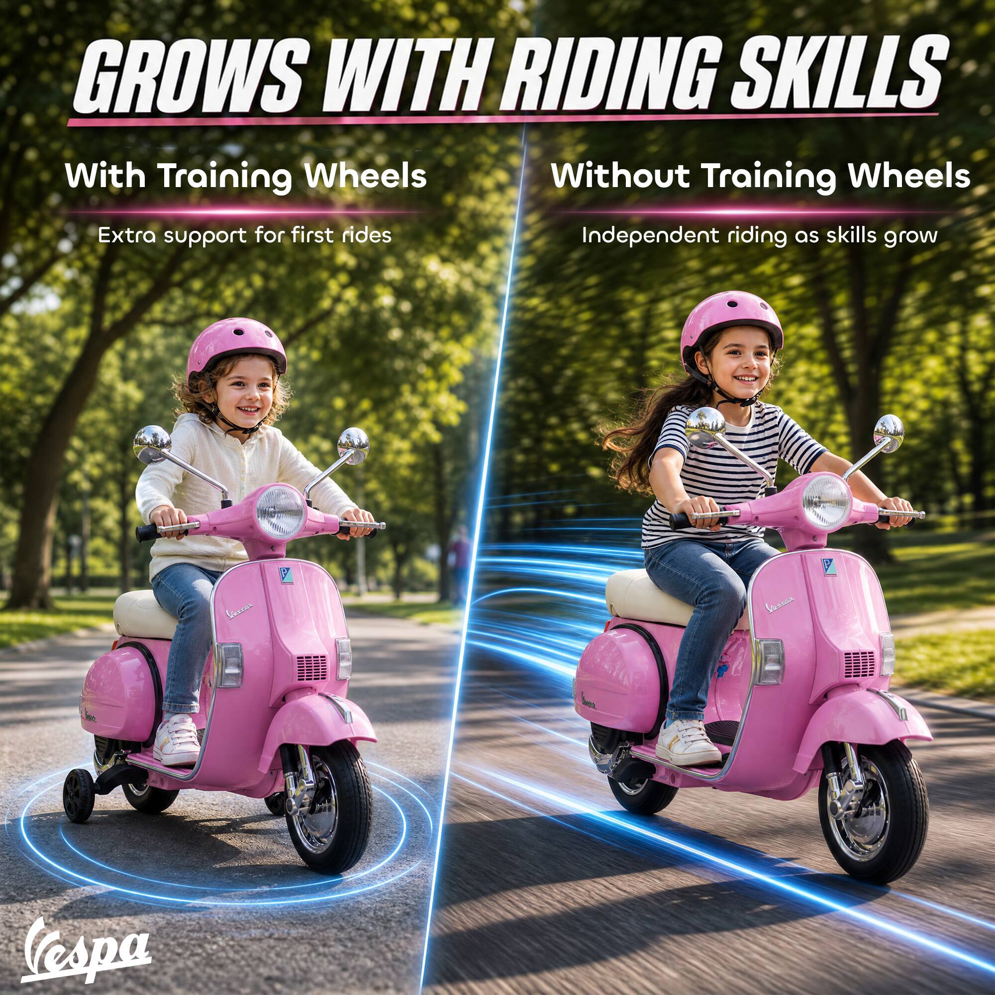 GROWS WITH RIDING SKILLS

With Training Wheels
Extra support for first rides

Without Training Wheels
Independent riding as skills grow