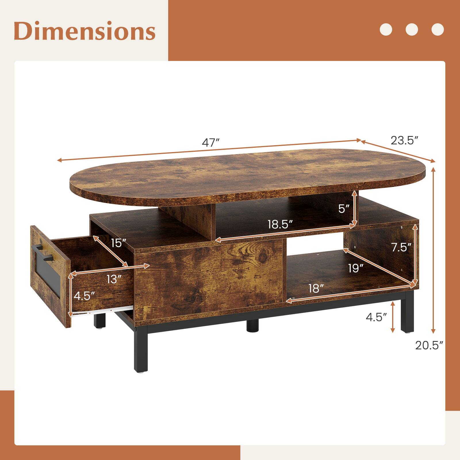 Dimensions  
47" x 23.5"  
18.5" x 5"  
15" x 13" x 4.5"  
18" x 7.5" x 4.5"  
19" x 20.5"