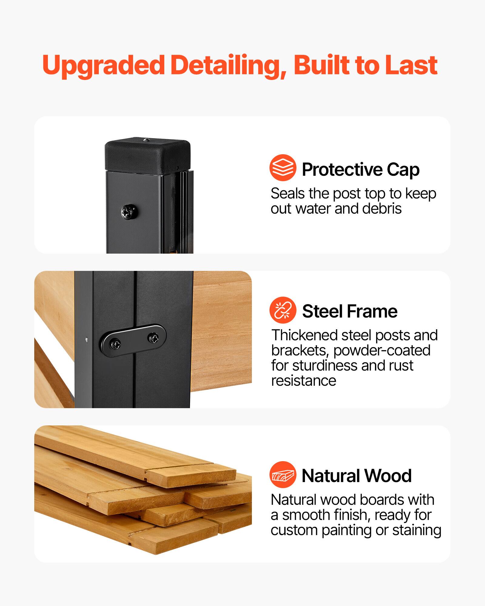 Upgraded Detailing, Built to Last

Protective Cap
Seals the post top to keep out water and debris

Steel Frame
Thickened steel posts and brackets, powder-coated for sturdiness and rust resistance

Natural Wood
Natural wood boards with a smooth finish, ready for custom painting or staining