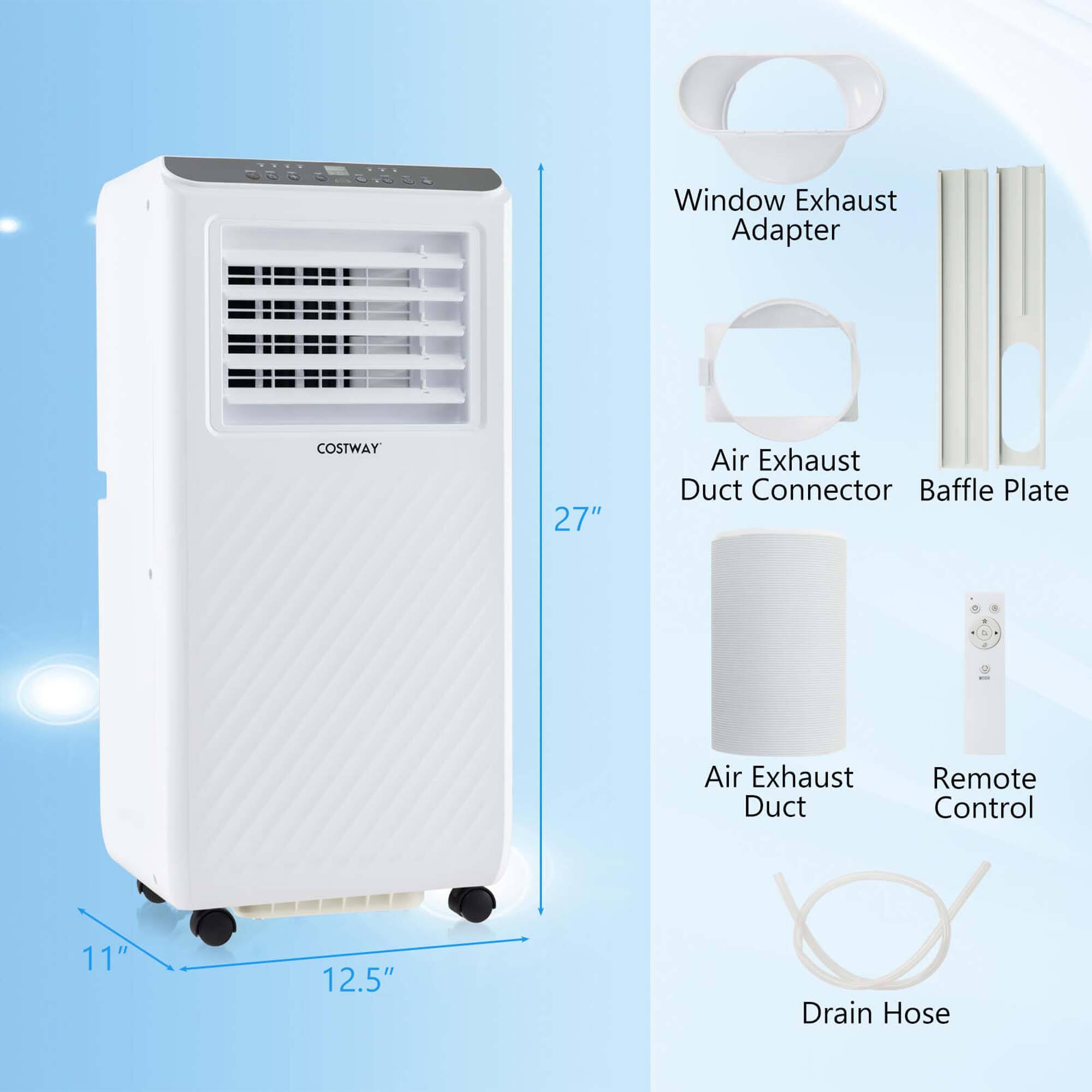 The image features a white air conditioner with a window exhaust adapter, air exhaust duct, remote control, and drain hose. The air conditioner is 27 inches tall, and the window exhaust adapter is also 27 inches tall. The air exhaust duct is 12.5 inches tall, and the remote control is 11 inches tall. The drain hose is not provided with a specific height measurement.