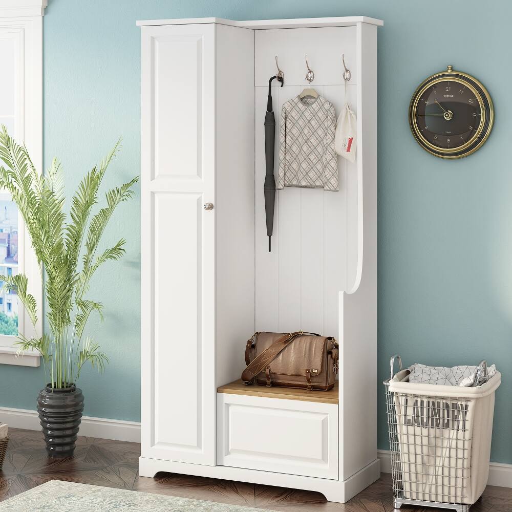 Angle. Loheer - Loheer White Minimalist Hall Tree with Flip Up Bench and Adjustable Shelves - White.