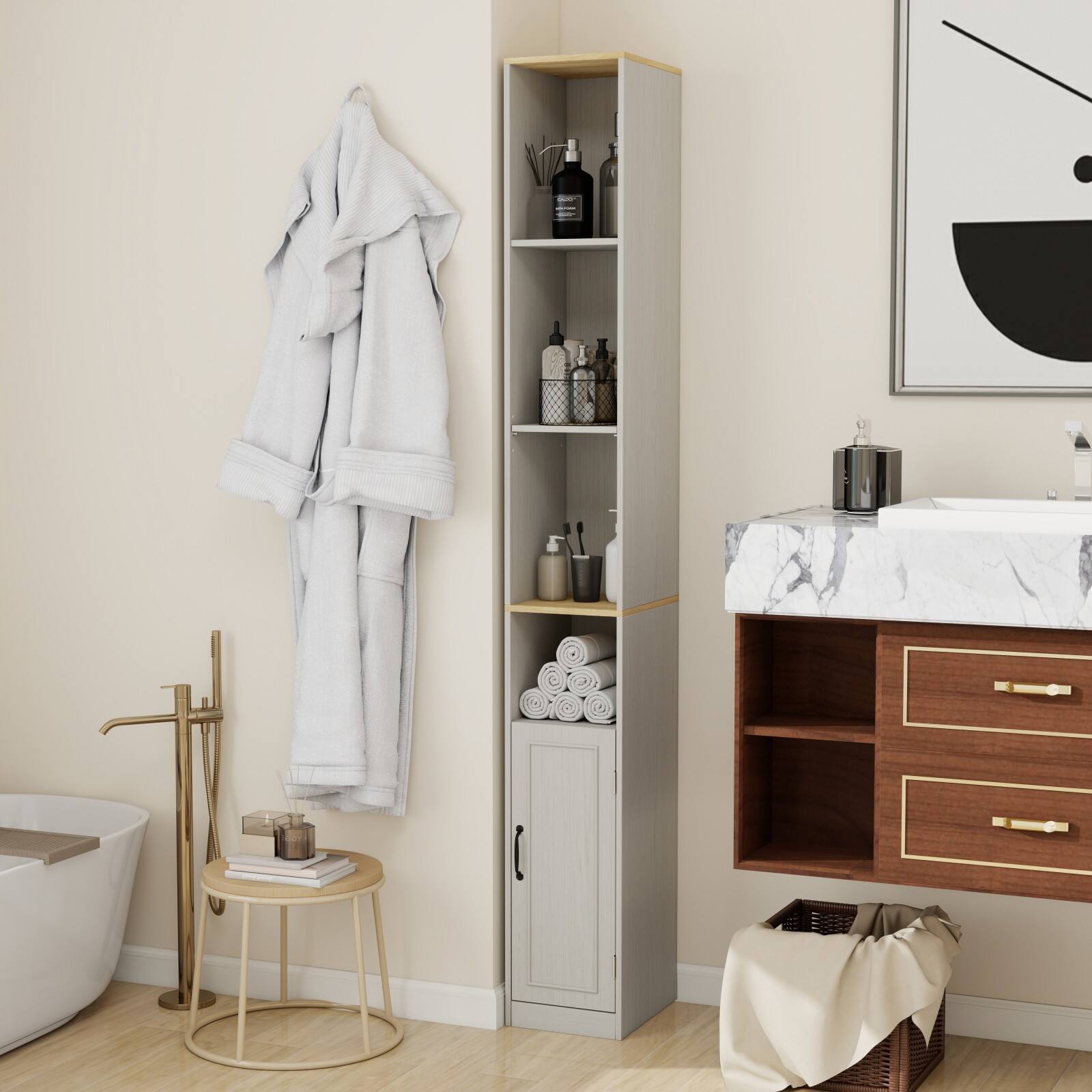 Alt View 1. Ecooso - 72" 6-Tier Tall Slim Storage Cabinet, 1 Door and 2 Adjustable Shelves, Bookcase , Cube CD DVD Storage Cabinet - Brown.