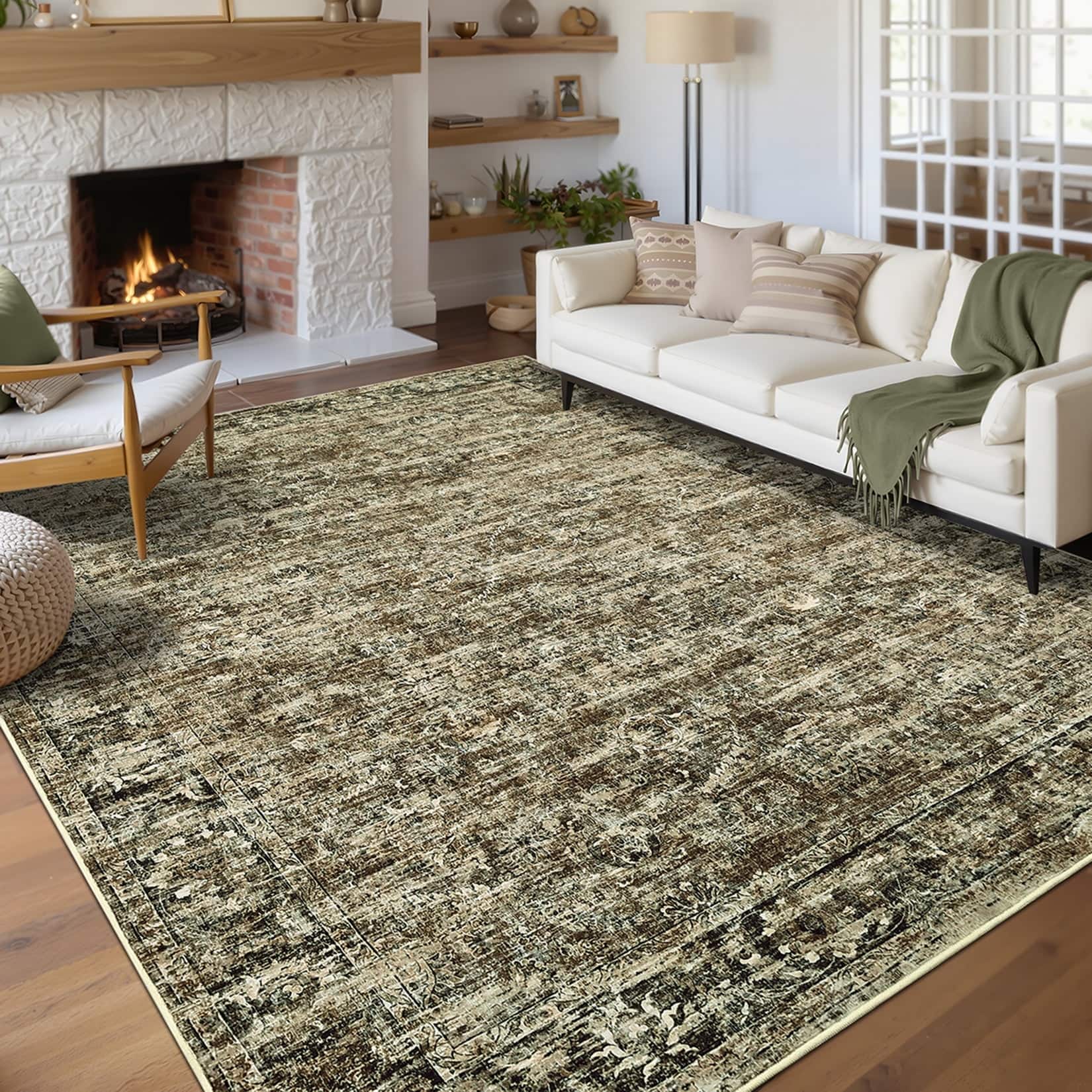 Homhougo- 5x7 Vintage Runner Rug, Washable, Non-Slip- Green