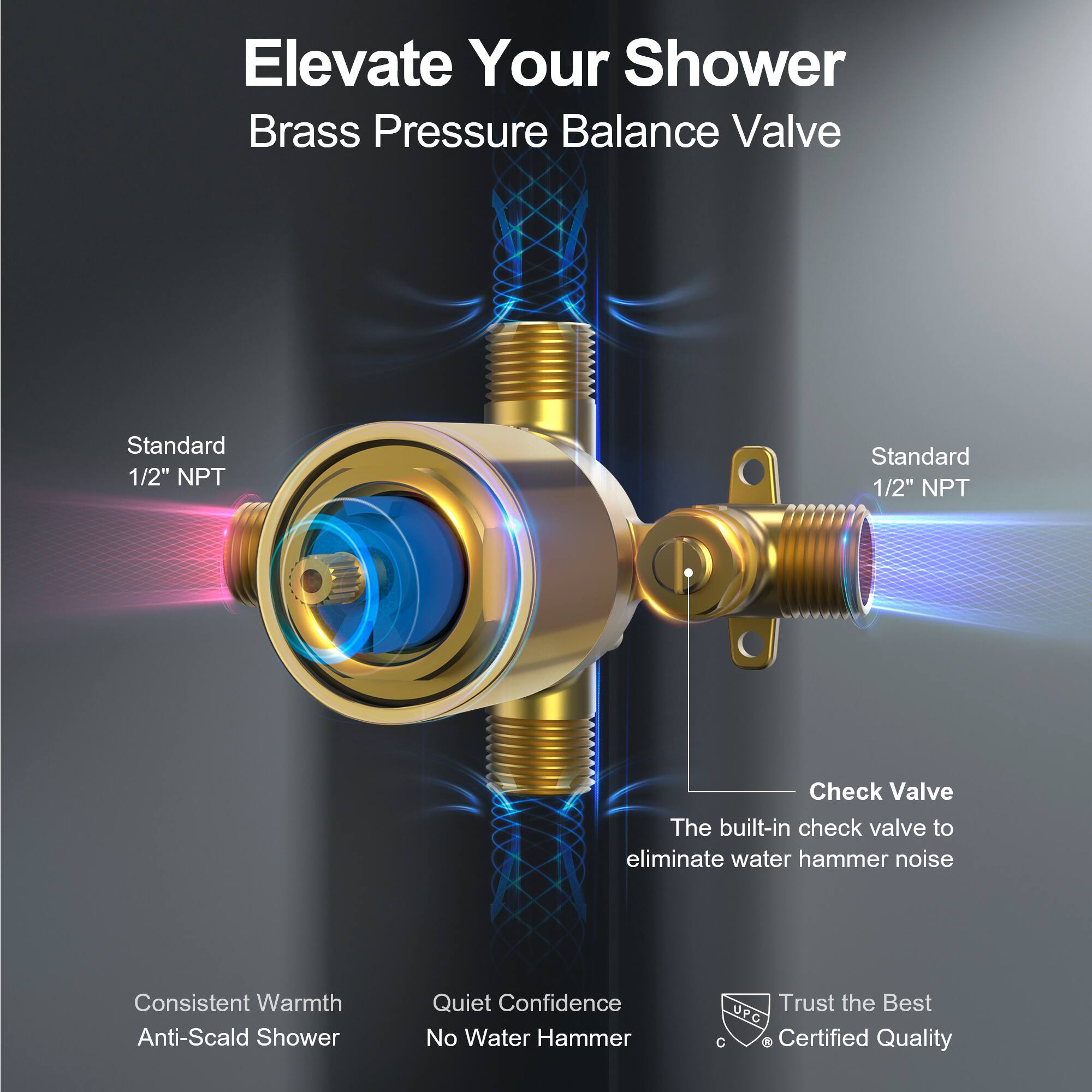 Elevate Your Shower  
Brass Pressure Balance Valve  

Standard 1/2" NPT  
Standard 1/2" NPT  

Check Valve  
The built-in check valve to eliminate water hammer noise  

Consistent Warmth  
Anti-Scald Shower  

Quiet Confidence  
No Water Hammer  

Trust the Best  
UPC Certified Quality