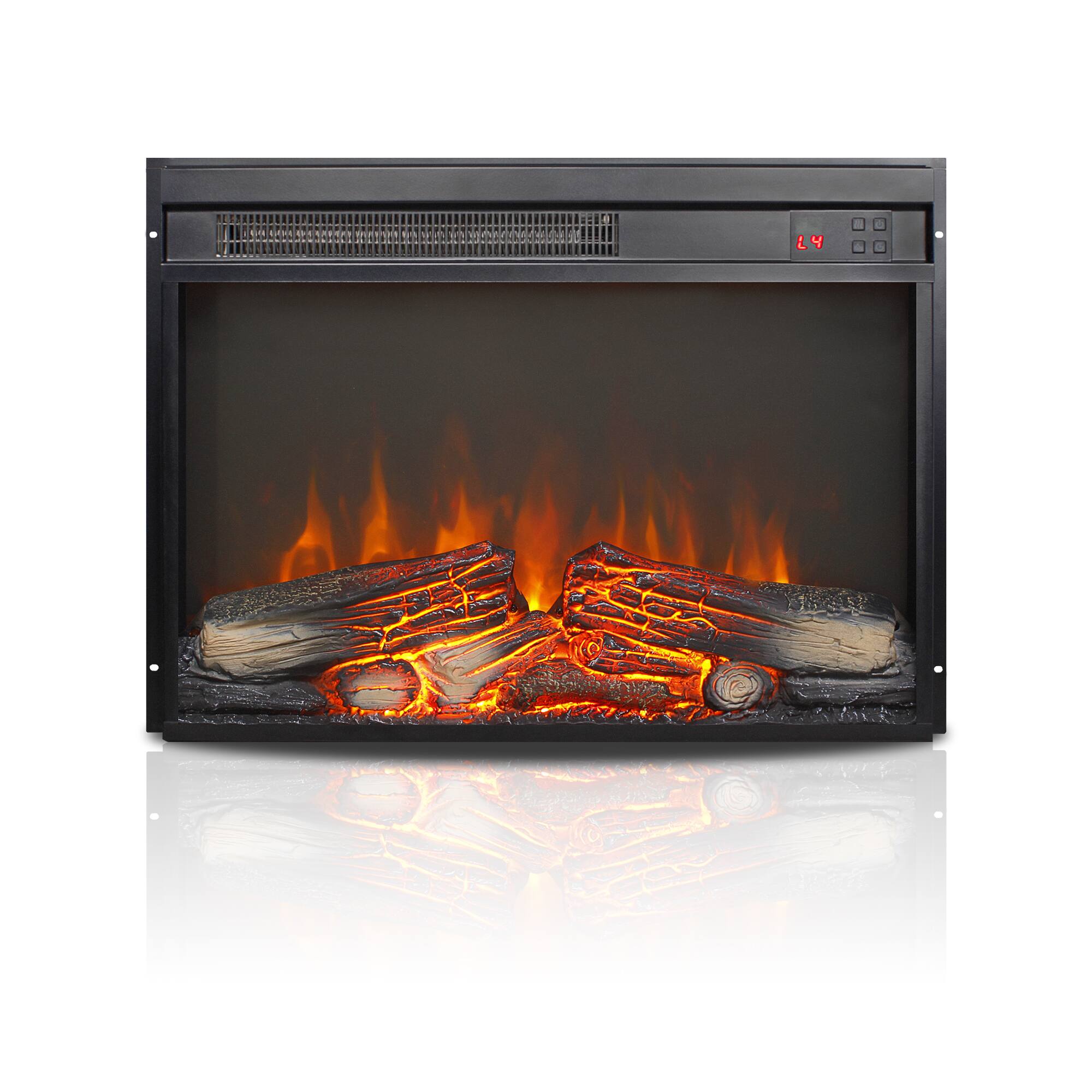 Left. GOODSILO - 23"" Electric Fireplace Insert - Ultra Thin Heater, Realistic Flame & Log Set, Remote, Timer, Overheat Protection - Antique Black.