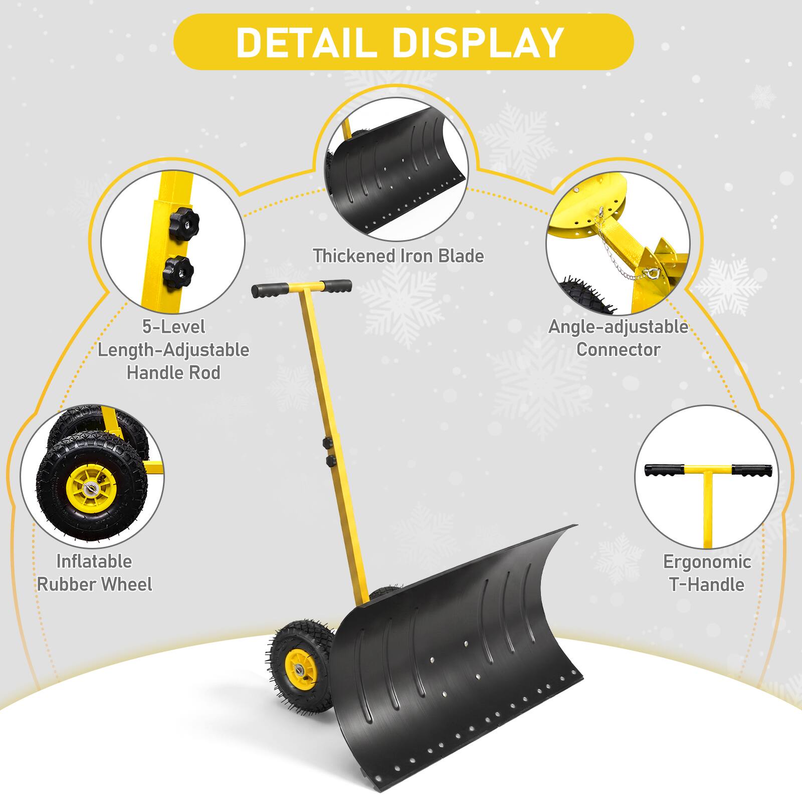 DETAIL DISPLAY

- Thickened Iron Blade
- 5-Level Length-Adjustable Handle Rod
- Angle-adjustable Connector
- Inflatable Rubber Wheel
- Ergonomic T-Handle