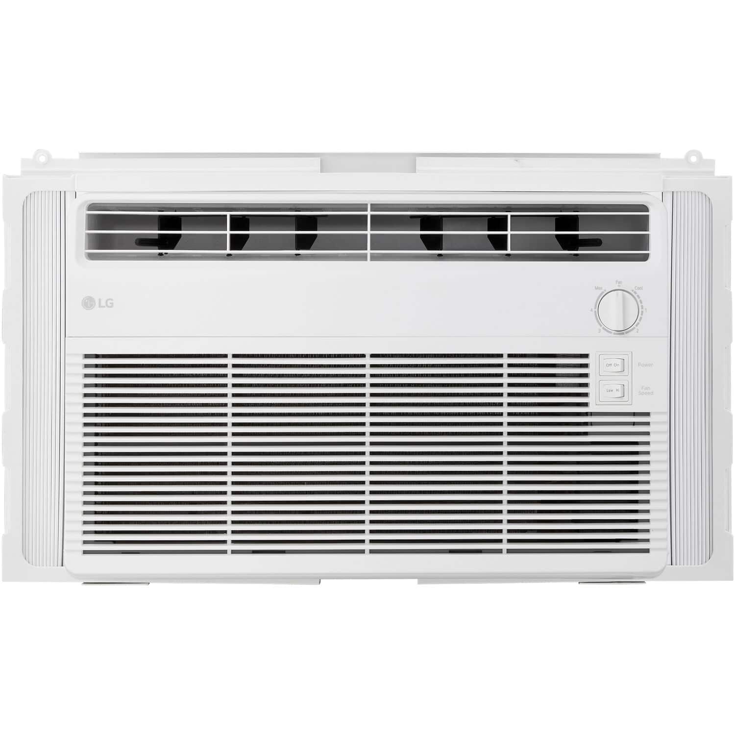 The image features a white LG air conditioner with a black grill. The air conditioner has a large fan and a control panel with buttons. The buttons are located on the right side of the air conditioner, and the grill is situated on the left side. The air conditioner is designed to provide cooling and comfort during warm weather.