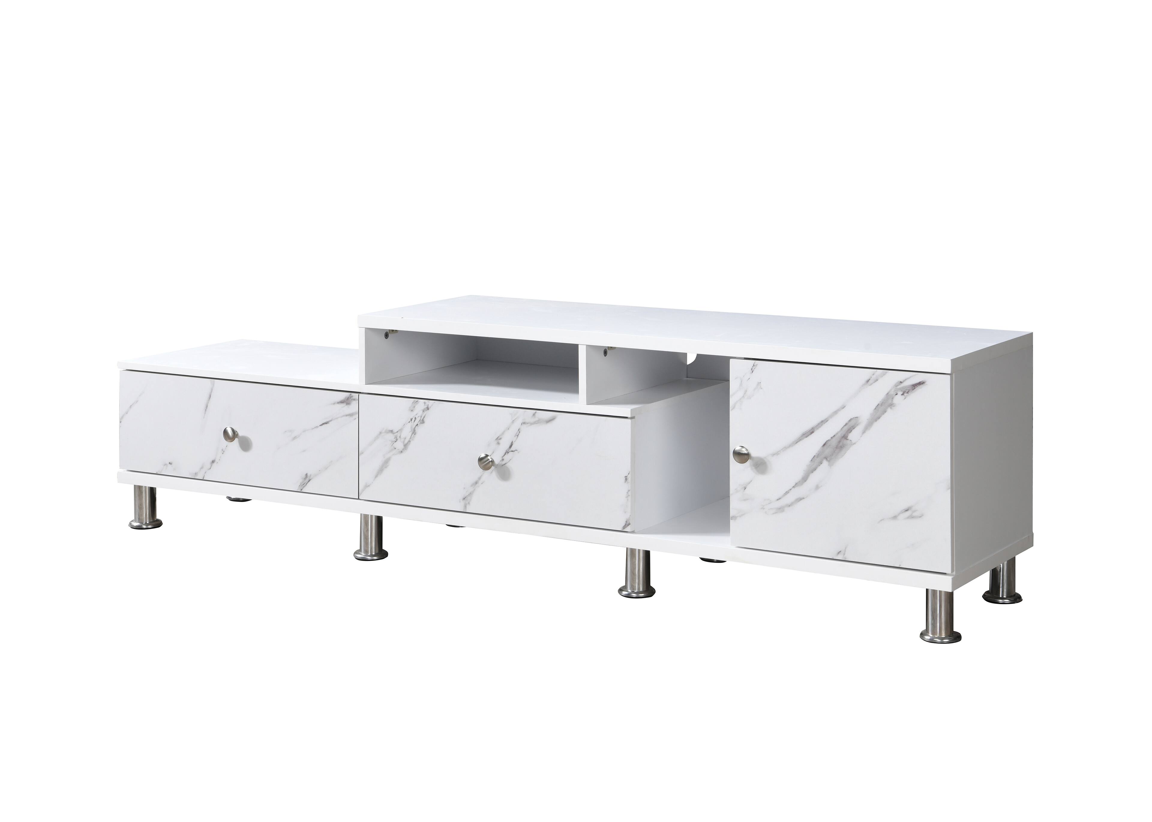 Left. Spaco - Spaco Modern TV Stand for 60" TVs, Media Console with Faux Marble Top and Silver Legs, 2 Shelves 2 Drawers 1 Door - White.