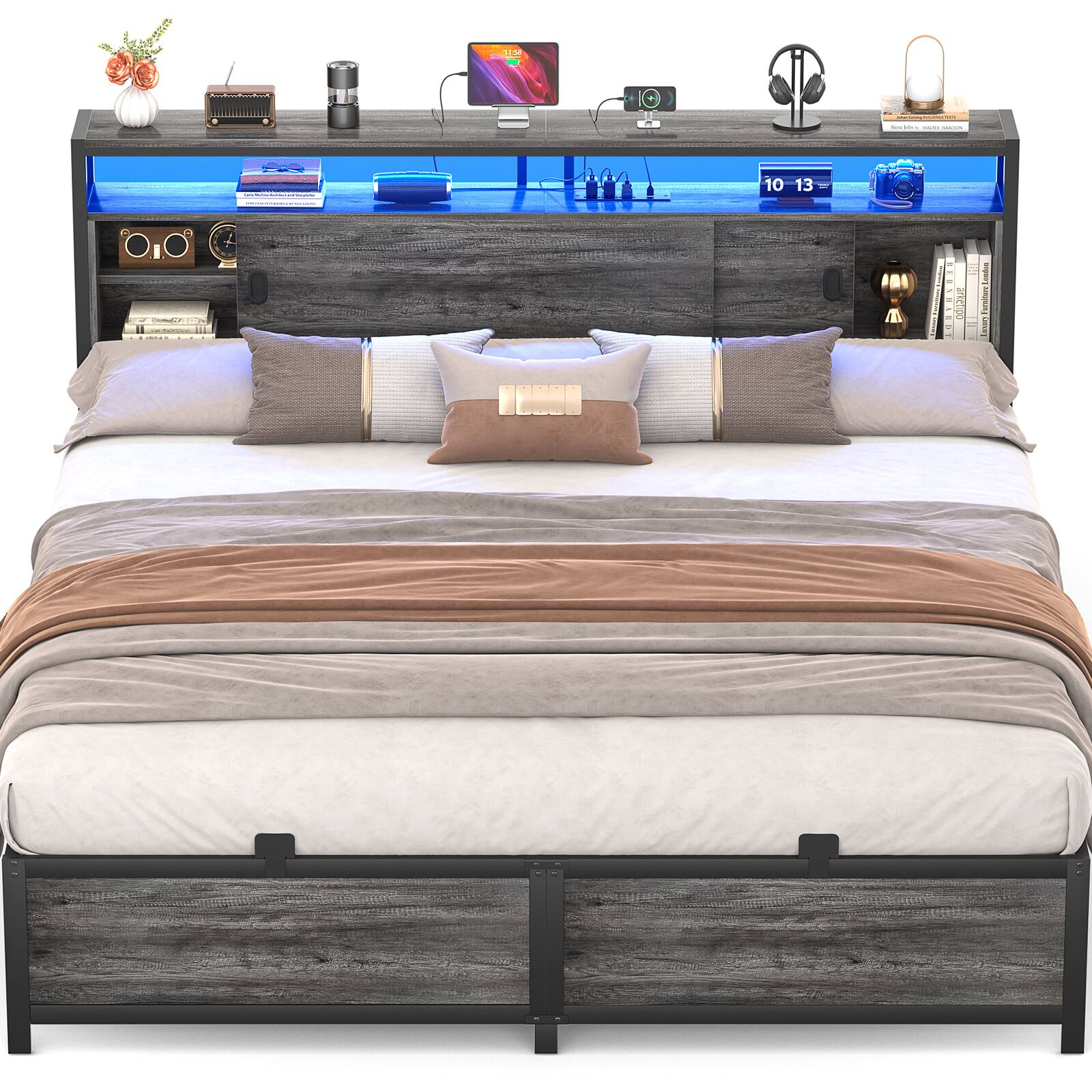 Alt View 1. Aheaplus - King Size Sturdy Bed Frame with Sliding Doors Headboard, Platform Bed Frame with Power Outlet & LED Light - Gray Oak.