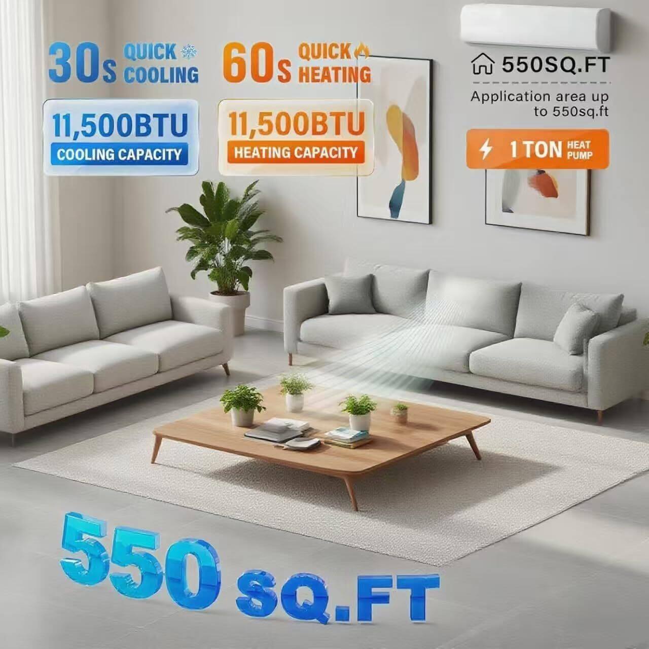 - QUICK 30s COOLING
- QUICK 60s HEATING
- 11,500BTU COOLING CAPACITY
- 11,500BTU HEATING CAPACITY
- 550SQ.FT Application area up to 550sq.ft
- 1 TON HEAT PUMP