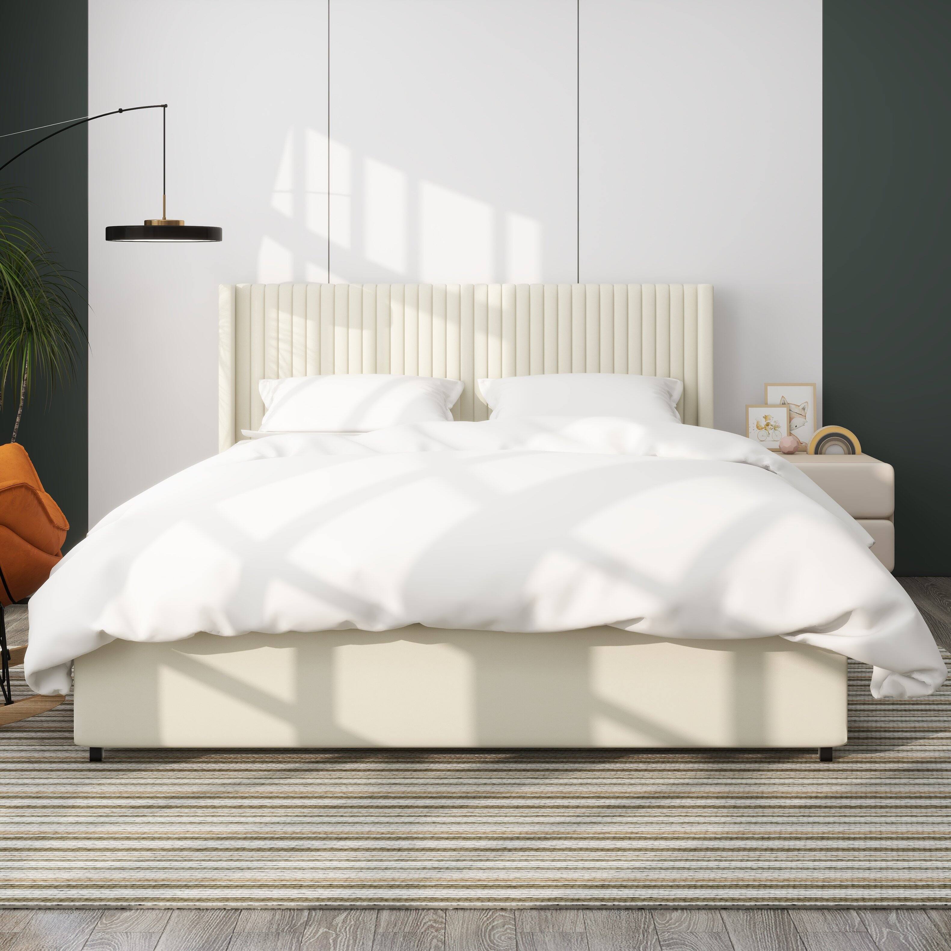 Left. LUCKY ONE - Queen Size 2-Drawer Storage Bed Frame Velvet Upholstered Wingback Platform Bed - Ivory.