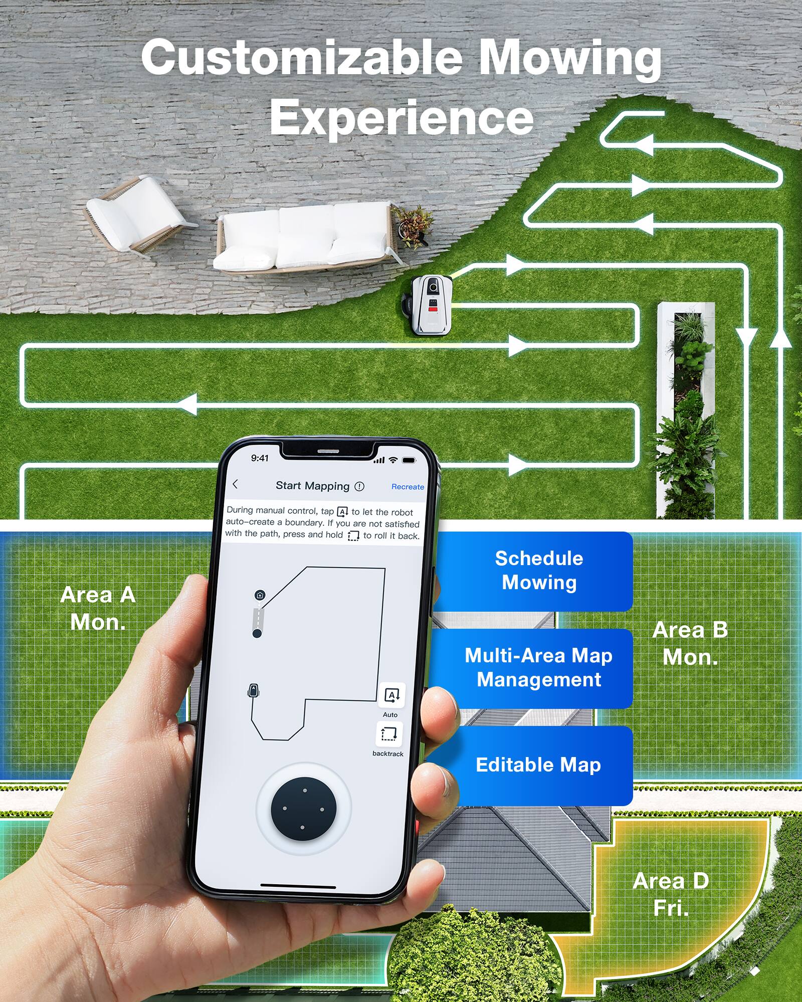 Customizable Mowing Experience

9:441 Start Mapping Recreate Area A Mon.

During manual control, tap C to let the robot auto-create a boundary. If you are not satisfied with the path, press and hold to roll it back.

Schedule Mowing Area B Mon.

Multi-Area Map Management

Editable Map Area D Fri.