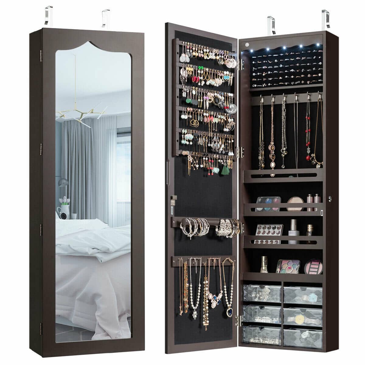 Gymax - Wall Door Mounted Jewelry Cabinet Organizer LED Mirror - Brown