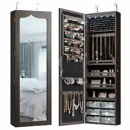Gymax - Wall Door Mounted Jewelry Cabinet Organizer LED Mirror - Brown