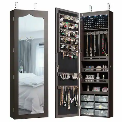 Front. Gymax - Gymax Wall Door Mounted Jewelry Cabinet Organizer LED Mirror Brown - Brown.