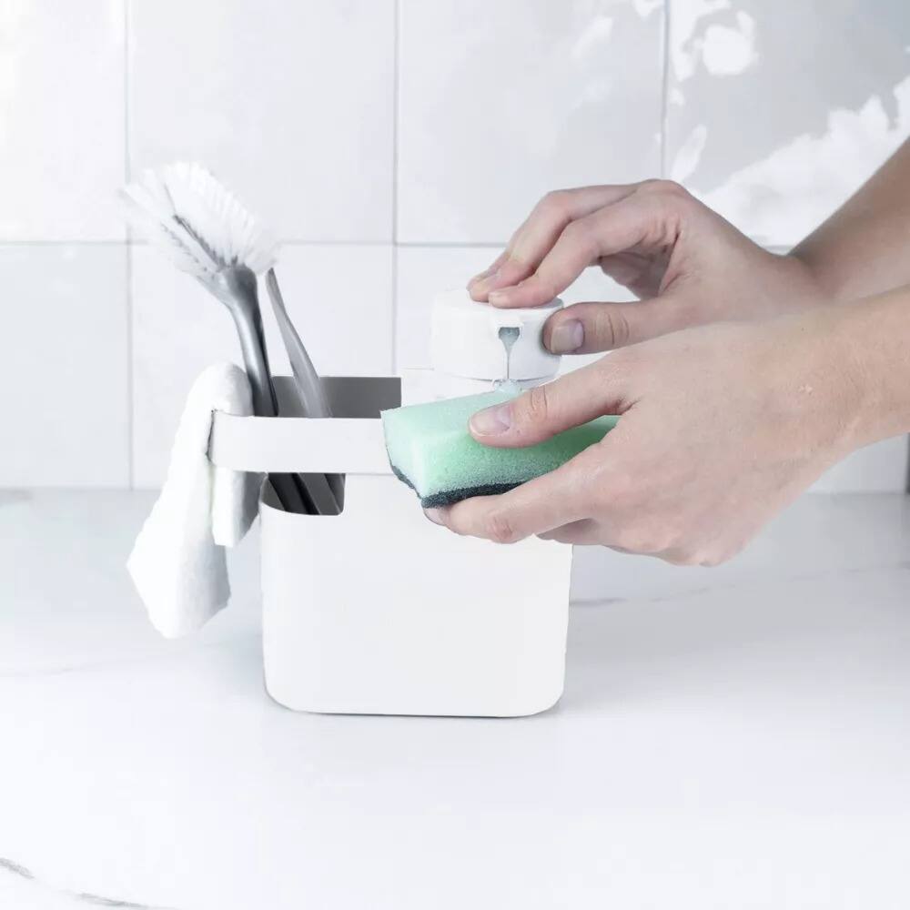 Back. OU - OU 22oz Soap Dispenser, Kitchen Soap Pump, Sponge & Dish Brush Holder, Gel & Dish Soaps Compatible - White - White.
