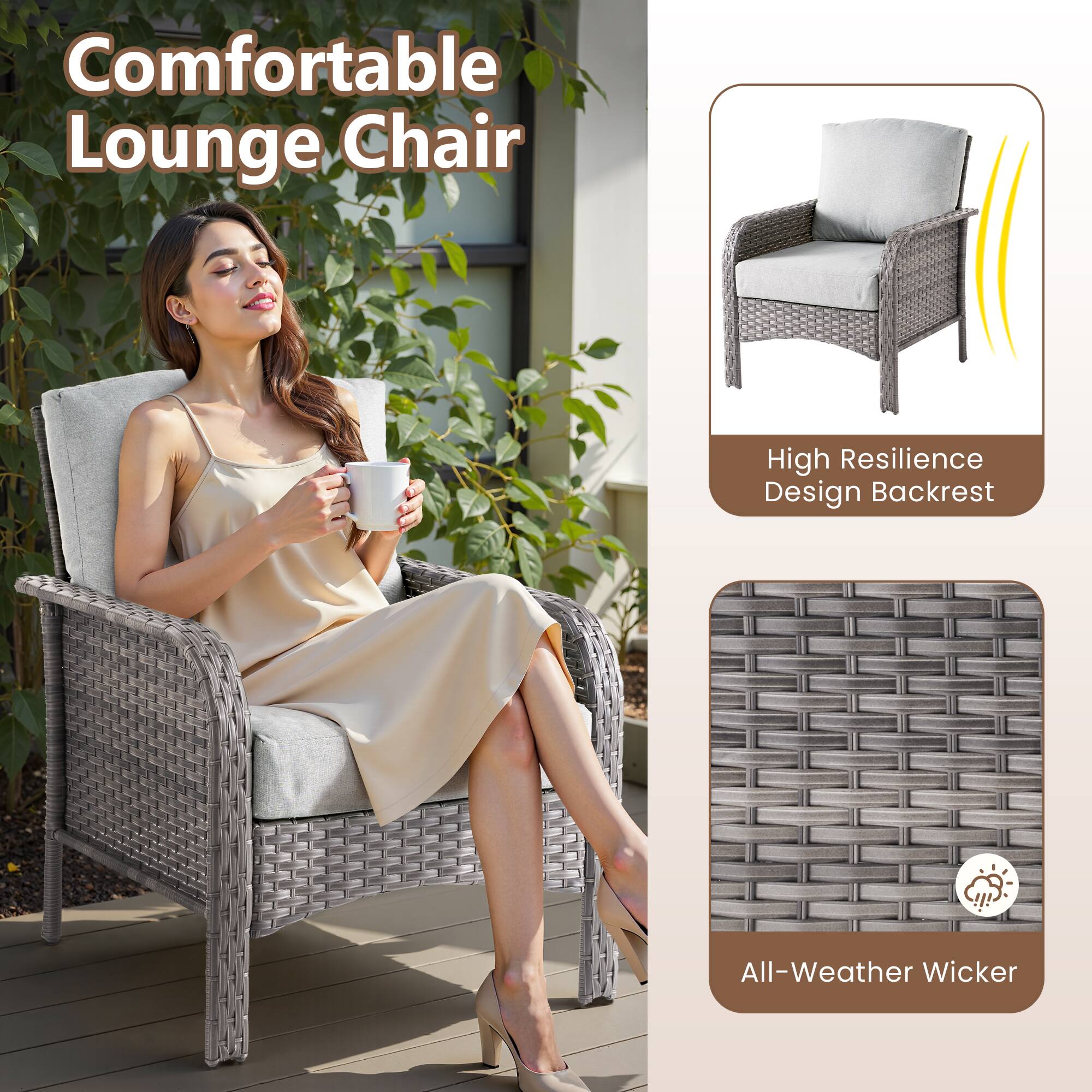 Comfortable Lounge Chair

High Resilience Design Backrest

All-Weather Wicker