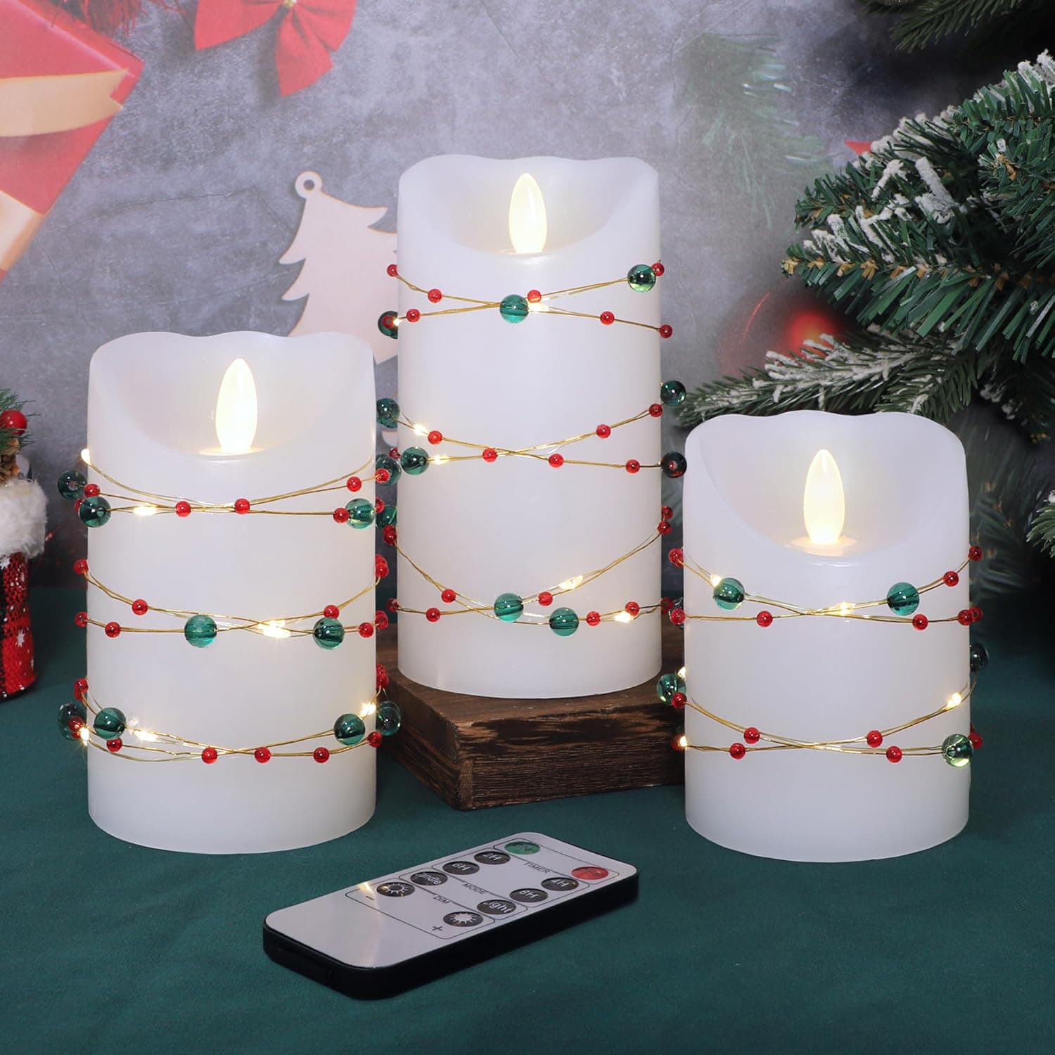 Alt View 1. FINEAK - 3 Pack LED Flameless Candles with Red Green Beads String Lights: Battery Operated, Remote & Timer - Red;Green.