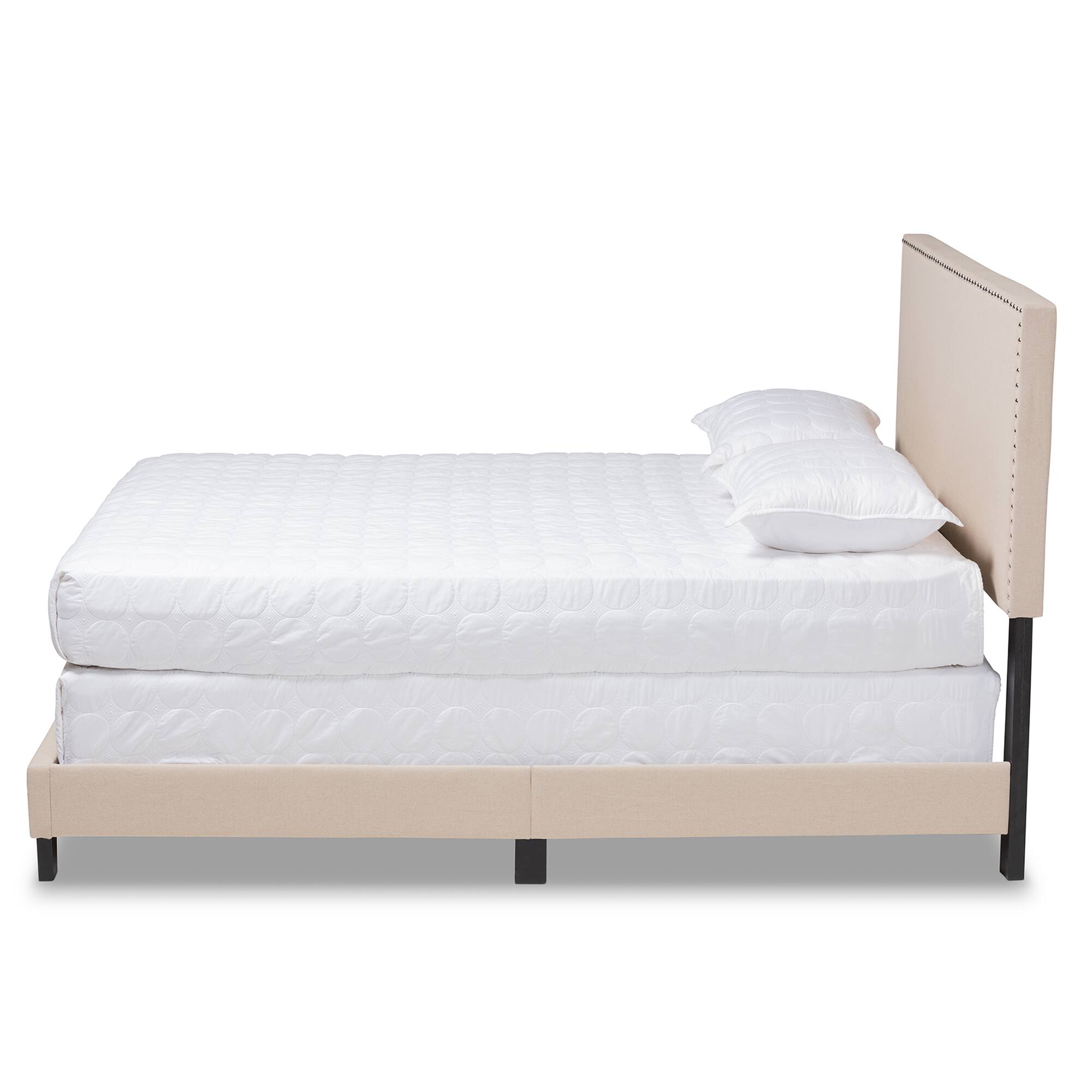 Angle. Baxton Studio - Ramon Modern and Contemporary Linen Fabric Upholstered Full Size Panel Bed with Nailhead Trim - Beige/Black.