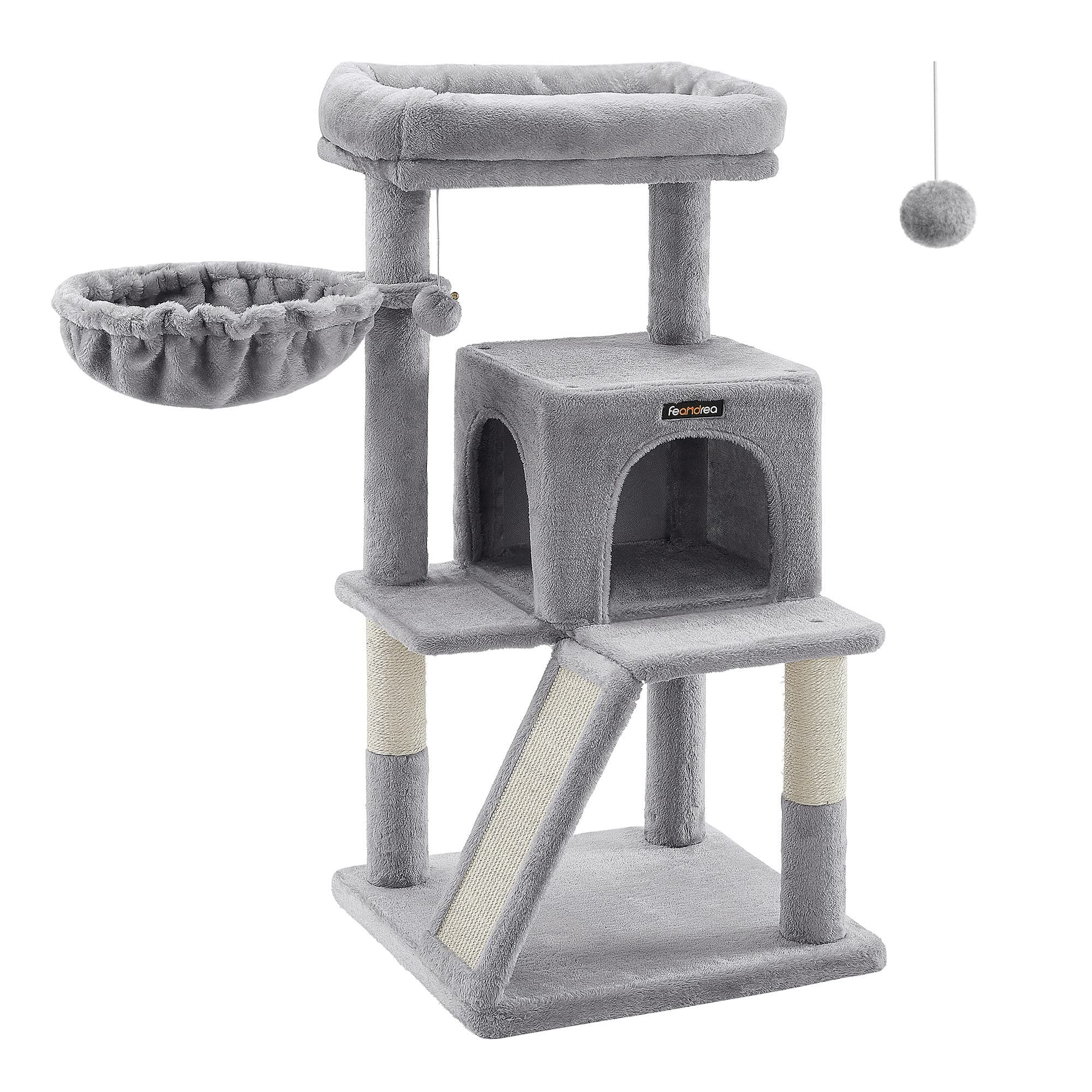 Songmics Home - 37.8-Inch Multi-Level Cat Condo with Scratching Posts Ramp 2-Door Cat Cave and Basket Light - Gray
