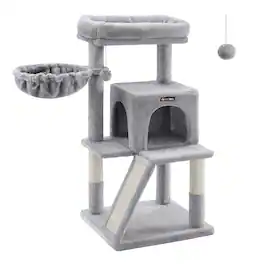 Songmics Home - 37.8-Inch Multi-Level Cat Condo with Scratching Posts Ramp 2-Door Cat Cave and Basket Light - Gray