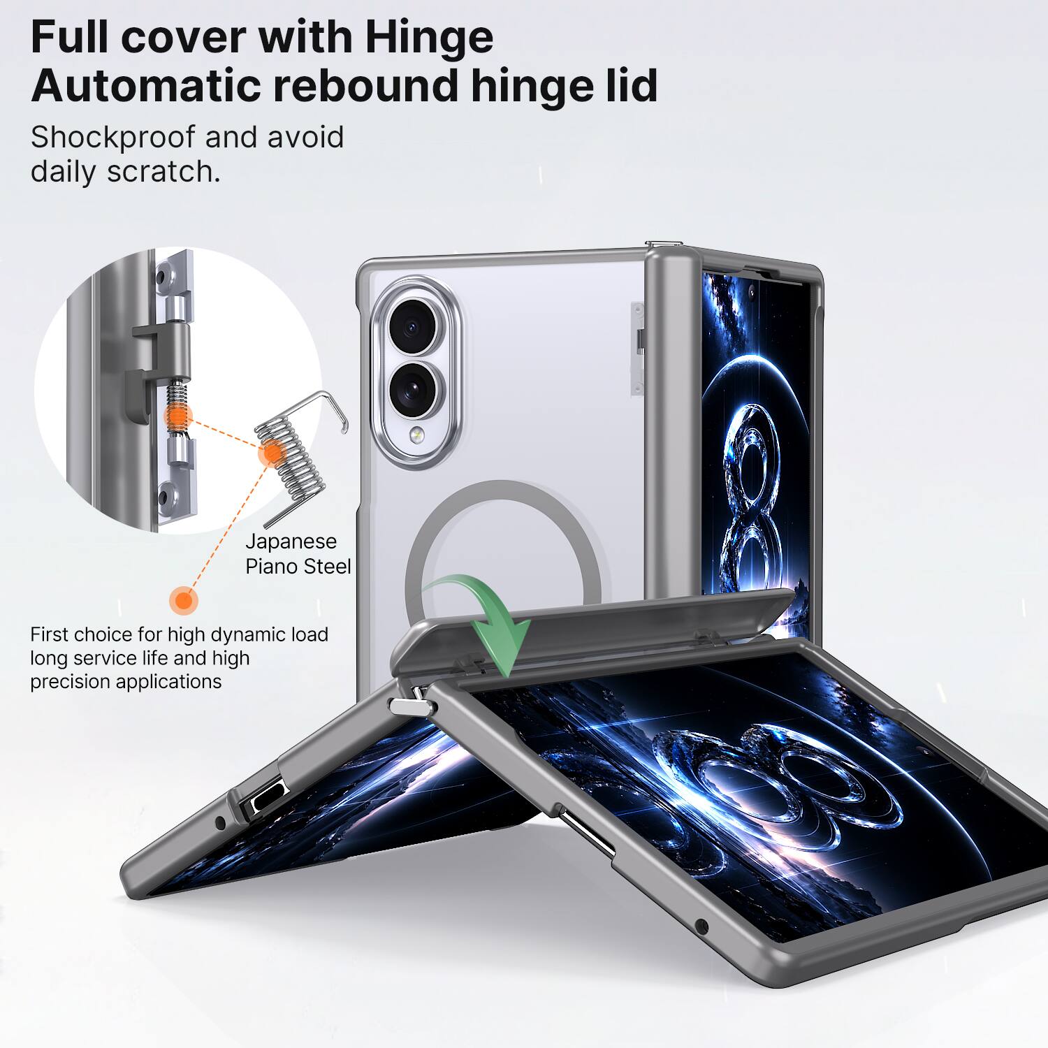 Full cover with Hinge  
Automatic rebound hinge lid  
Shockproof and avoid daily scratch.  

Japanese Piano Steel  
First choice for high dynamic load, long service life, and high precision applications