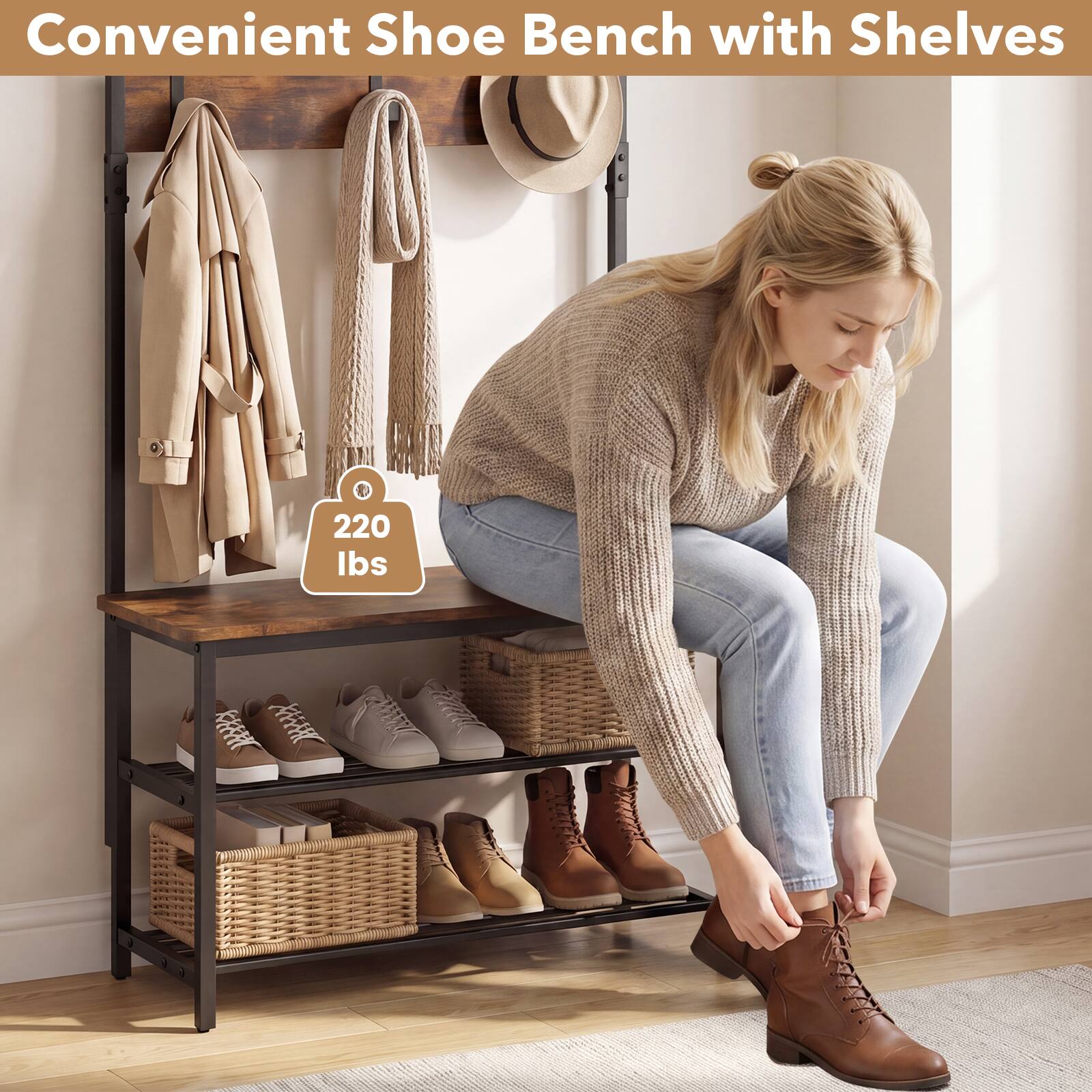 Convenient Shoe Bench with Shelves  
220 lbs