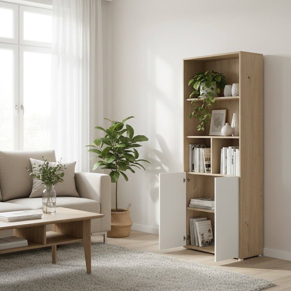 Angle. FurniFact - 6-Shelf Bookcase with 2 Doors for Home Office or Living Room - Brown.