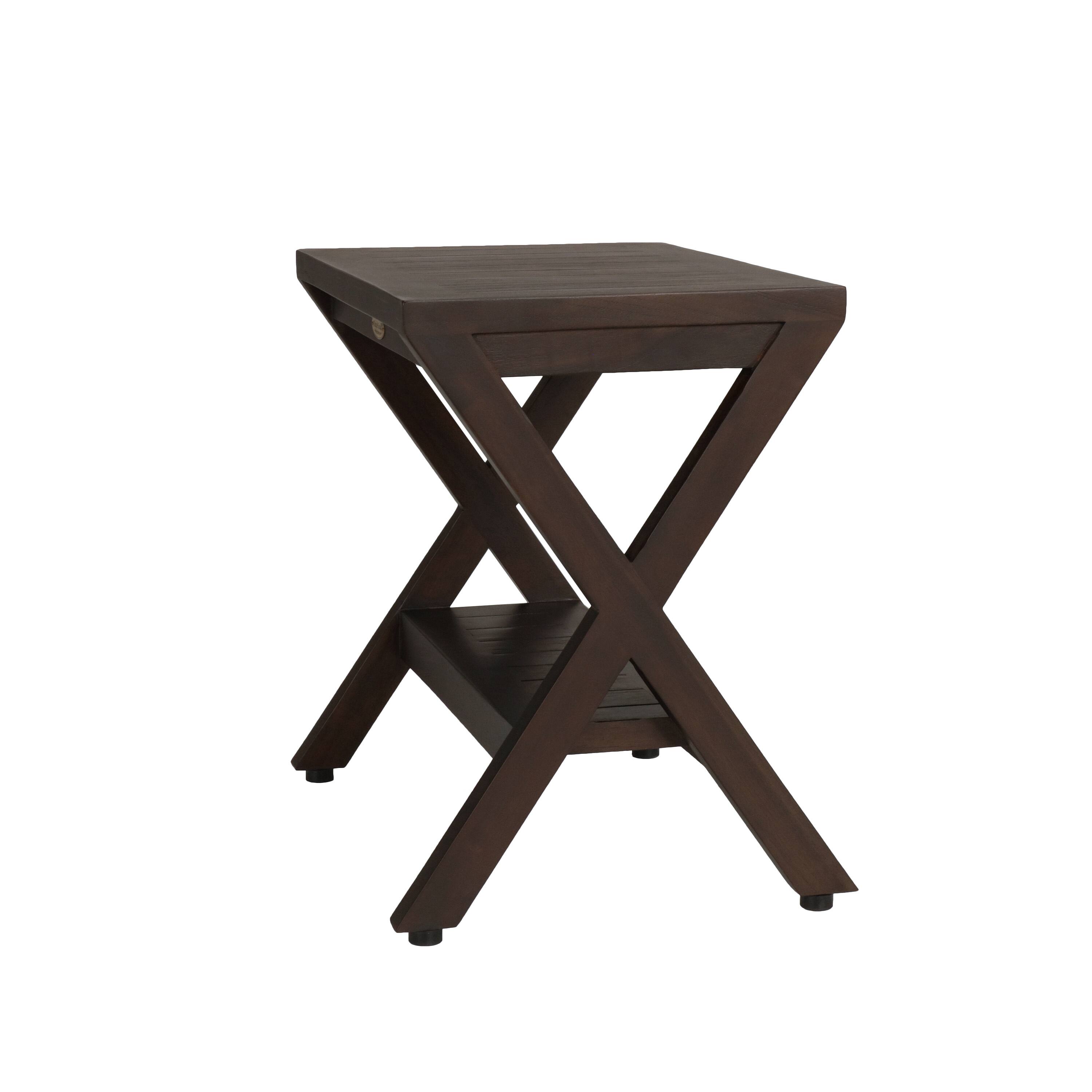 Left. DecoTeak - DecoTeak Obliquity 18" Teak Wood Shower Bench with Shelf in Woodland Brown Finish - Woodland Brown.