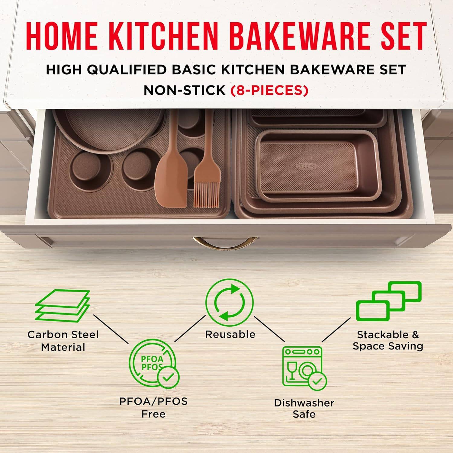 HOME KITCHEN BAKEWARE SET
HIGH QUALIFIED BASIC KITCHEN BAKEWARE SET NON-STICK (8-PIECES)
Carbon Steel Material
PFOA/PFOS Free
Reusable
Stackable & Space Saving
Dishwasher Safe