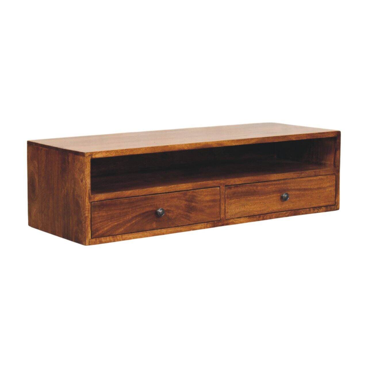 Left. Artisan Furniture - Artisan Furniture Solid Wood Lunar 2 Drawer Chestnut Wall Mounted Media Unit, 2 Drawers, 1 Shelf, Dark Brown - Brown.