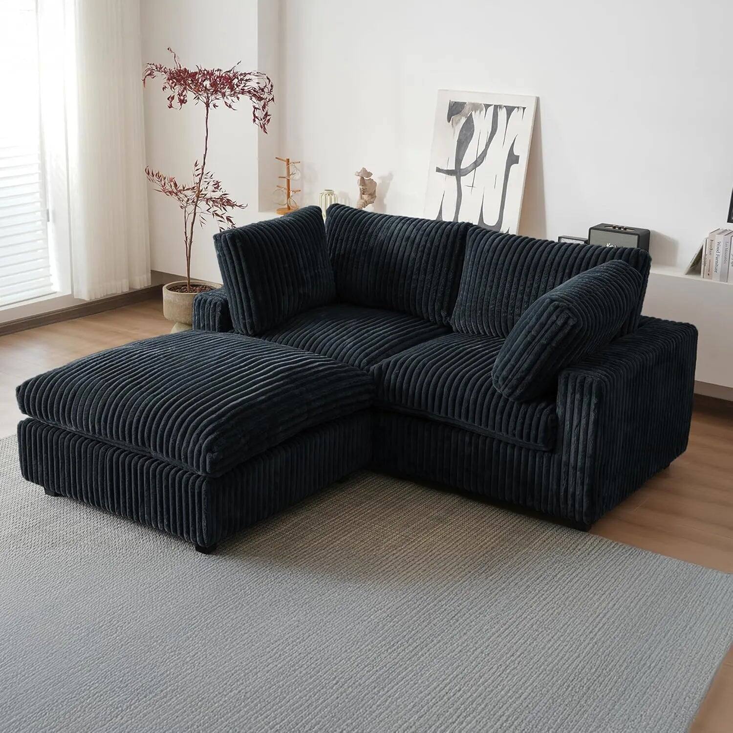 Angle. Yardgrace - Deluxe Cloud 2-Seater Black Washable Chaise Sectional, Plush Fabric, Modular Design - Black.