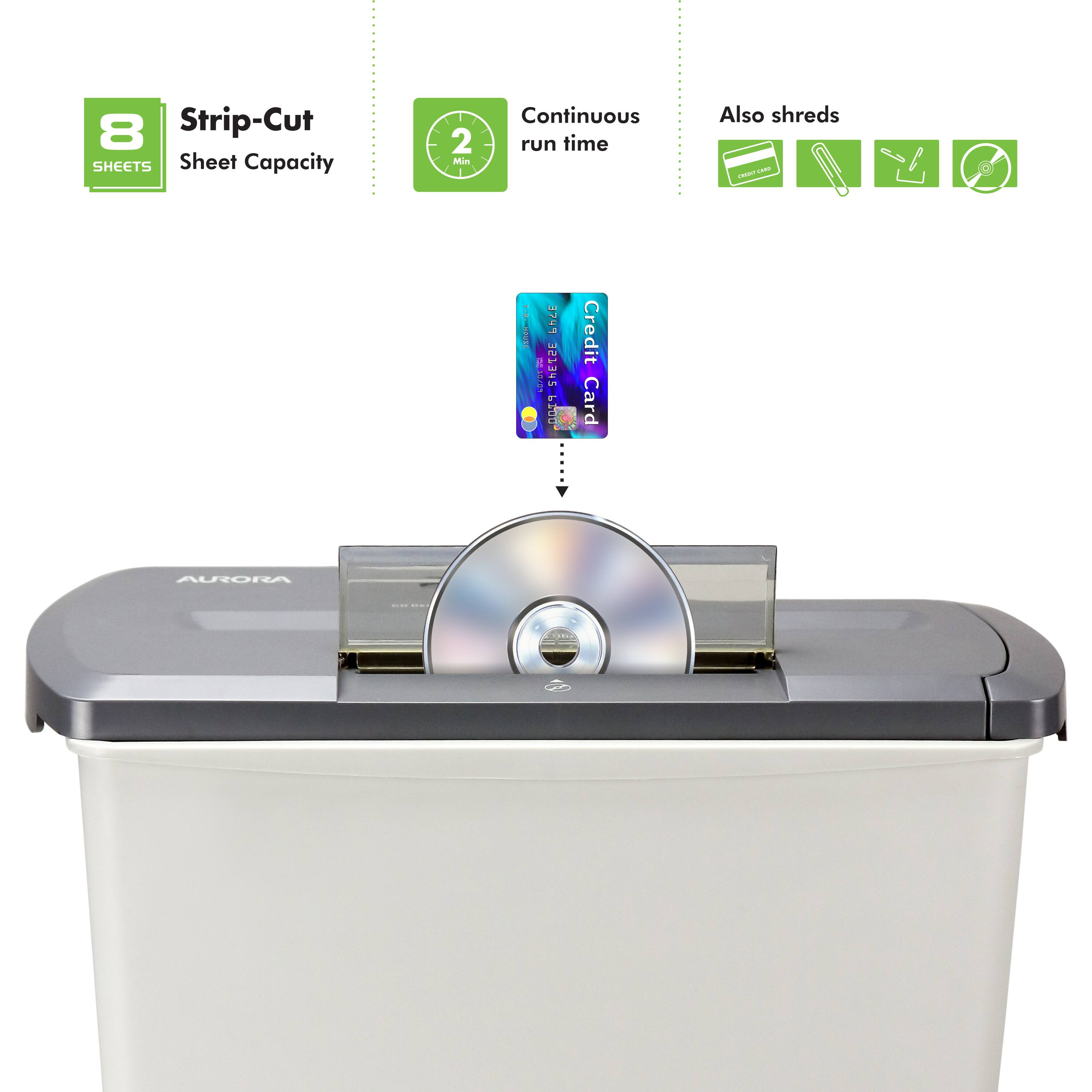 8 Strip-Cut SHEETS Sheet Capacity 2 Min I Continuous run time Also shreds - 374 m ShET2E - T 200 Credit Card AURORA
