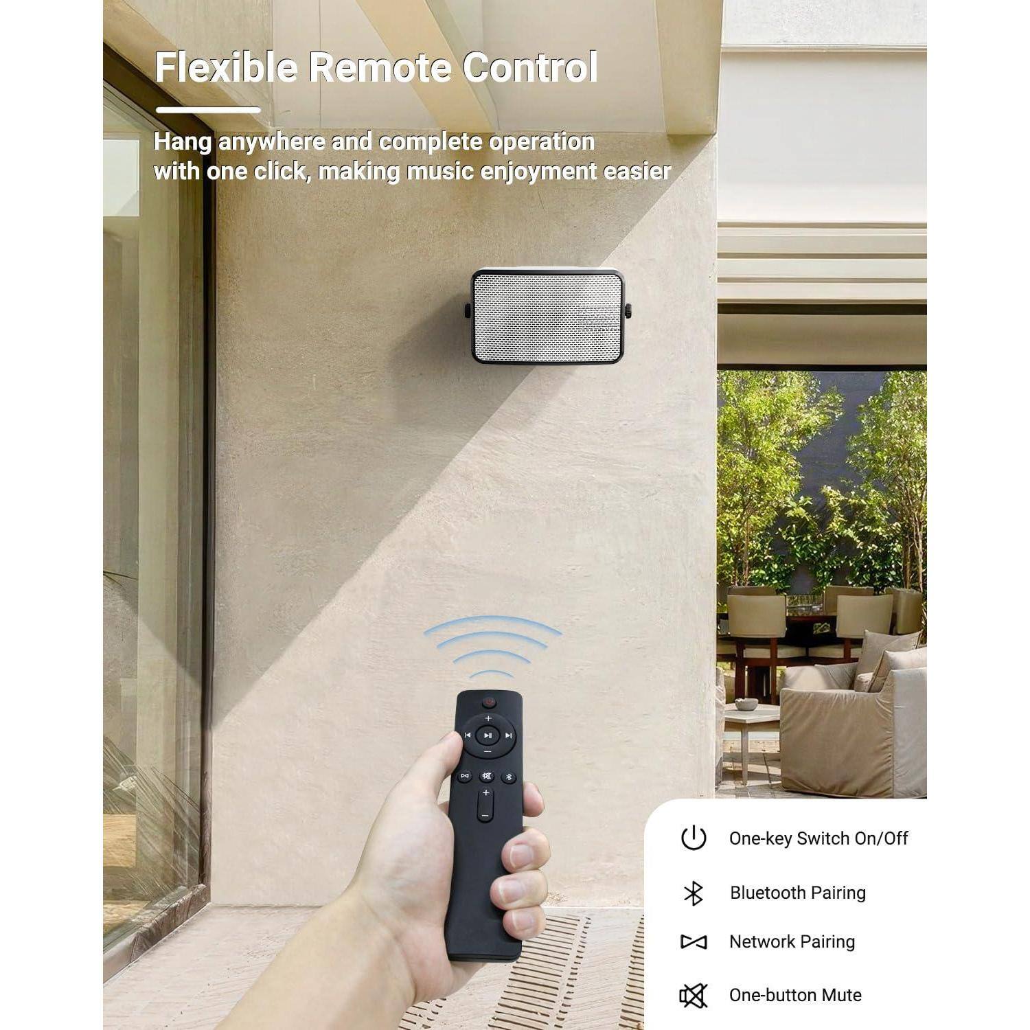 Flexible Remote Control  
Hang anywhere and complete operation with one click, making music enjoyment easier  

- One-key Switch On/Off  
- Bluetooth Pairing  
- Network Pairing  
- One-button Mute