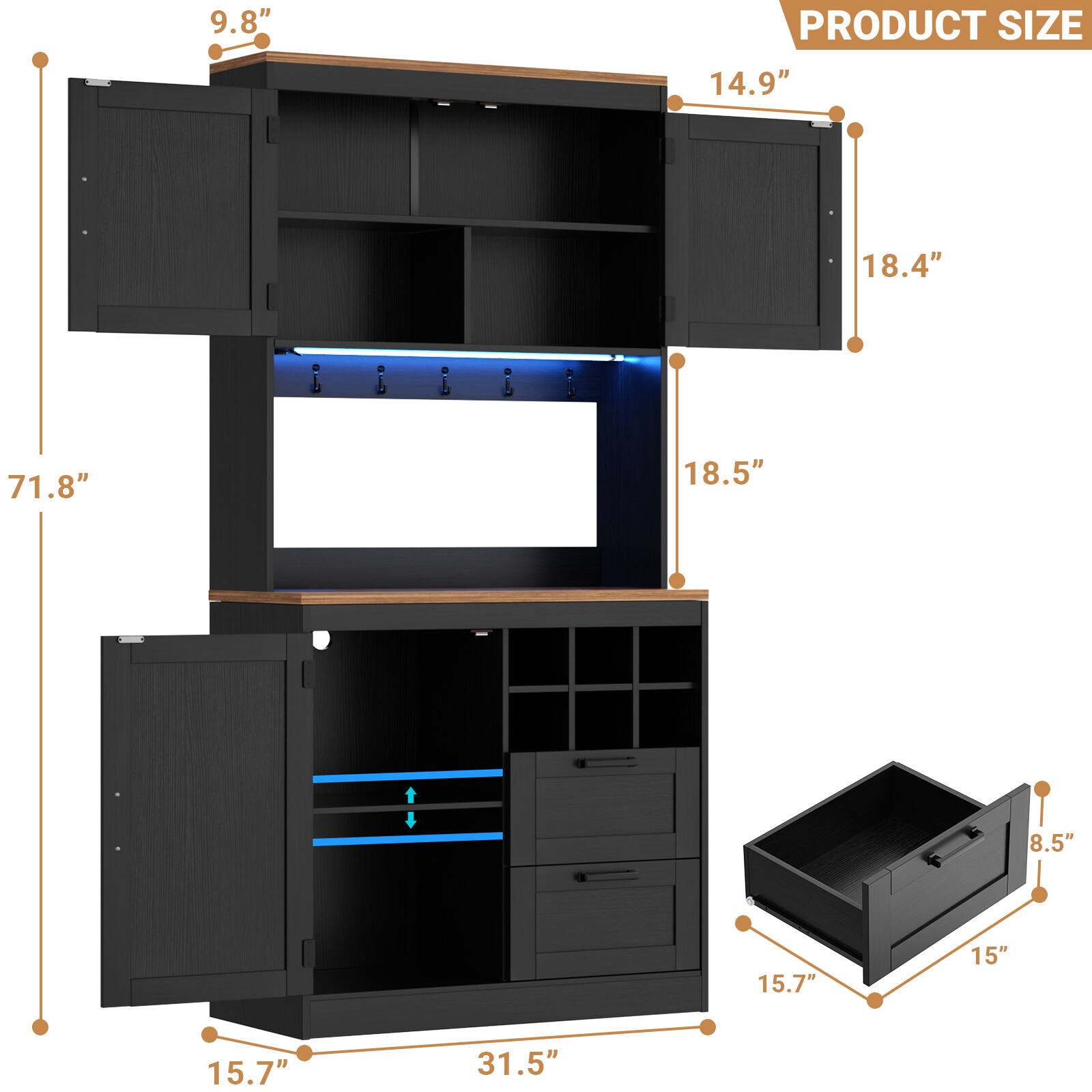 9.8"  
PRODUCT SIZE  
14.9"  
18.4"  
71.8"  
18.5"  
8.5"  
15.7"  
15"  
31.5"
