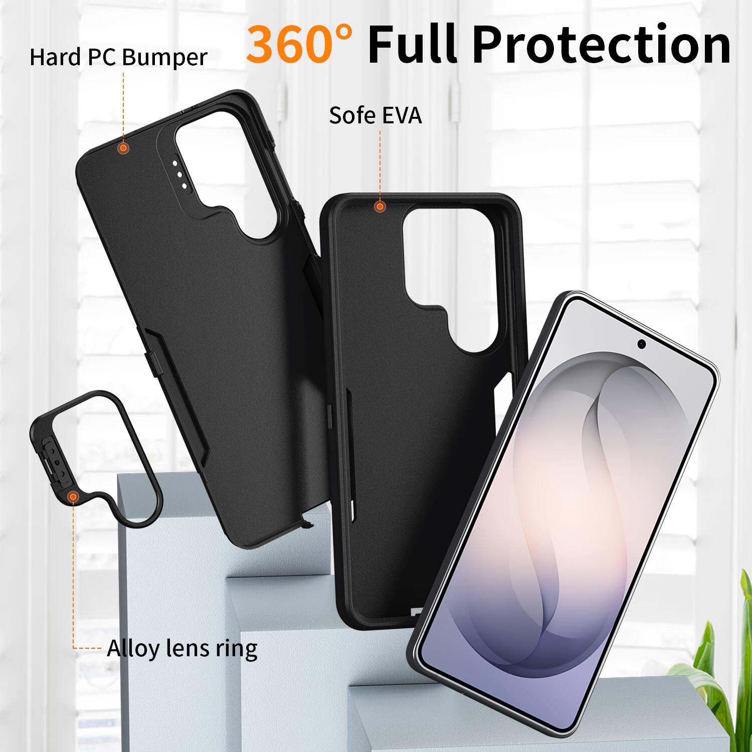 Hard PC Bumper 360° Full Protection  
Soft EVA  
Alloy lens ring