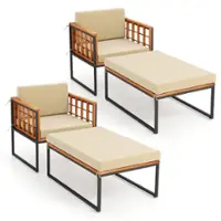 Costway 2 PCS Outdoor Furniture Set Patio Acacia Wood Armchair with Long Ottoman Cozy Seat - Beige - Front_Zoom