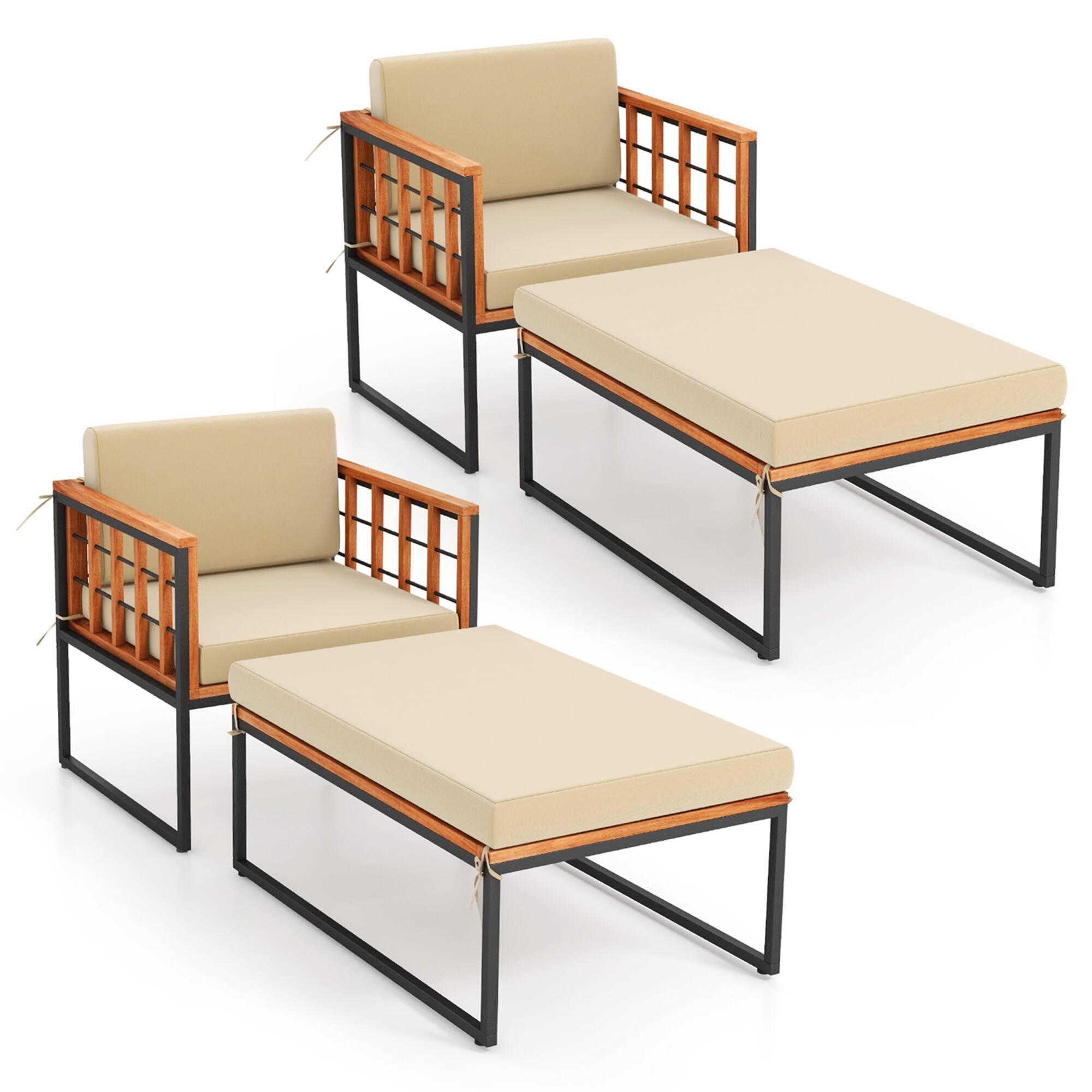 Front. Costway - 2 PCS Outdoor Furniture Set Patio Acacia Wood Armchair with Long Ottoman Cozy Seat - Beige.